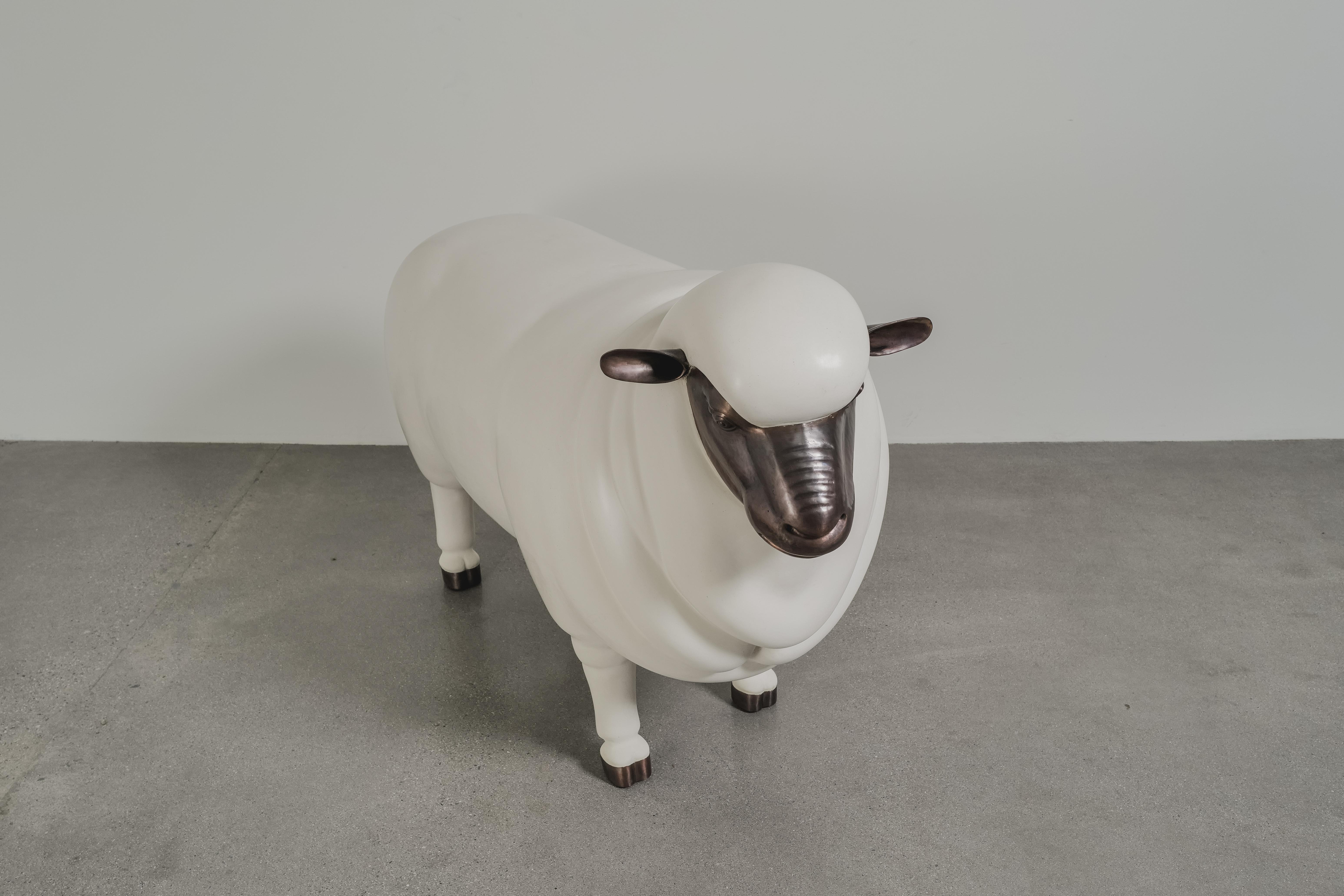 Repoussé Contemporary Sheep Sculpture (Male) in Cream Lacquer and Copper by Robert Kuo For Sale