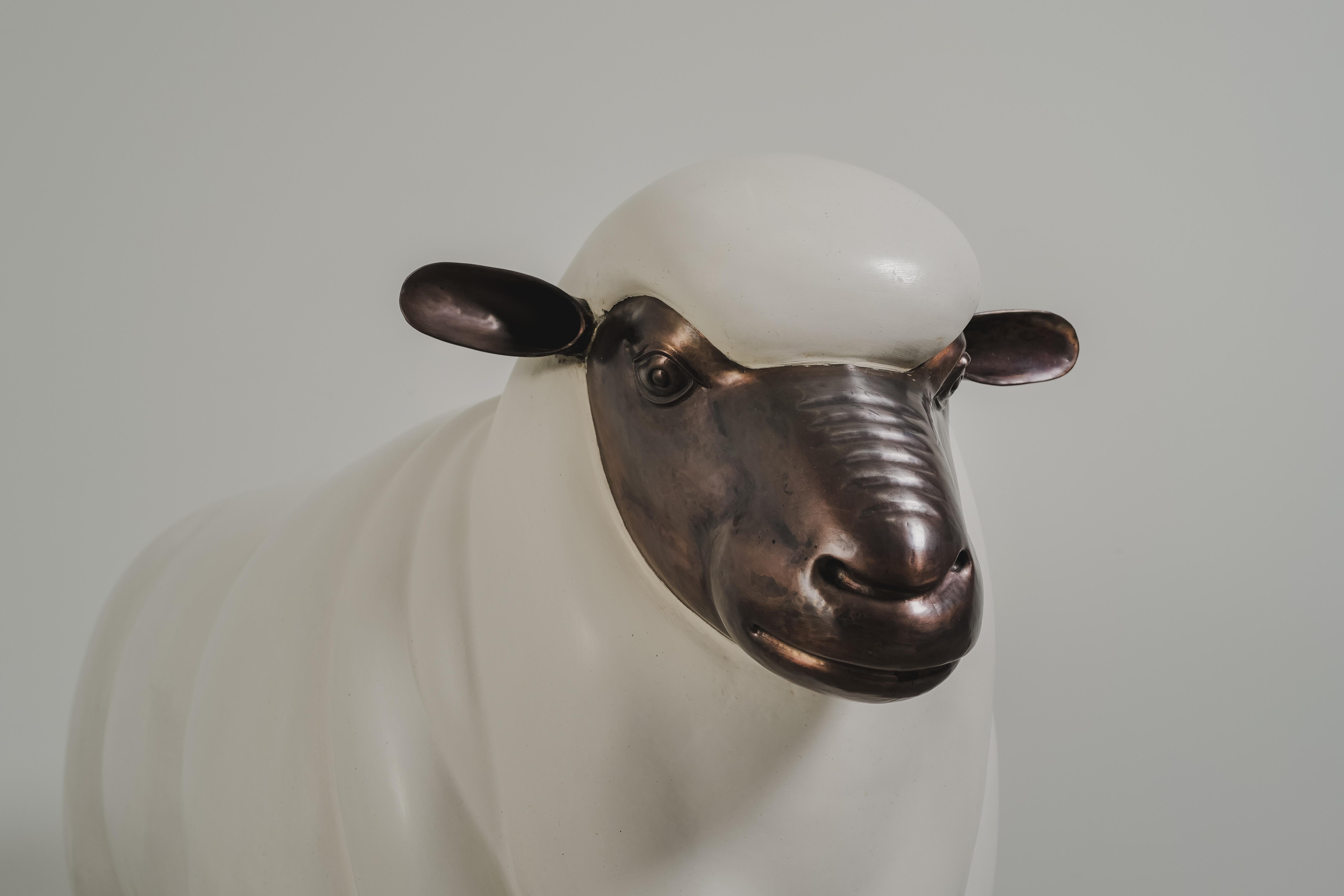 Contemporary Sheep Sculpture (Male) in Cream Lacquer and Copper by Robert Kuo In New Condition For Sale In Los Angeles, CA