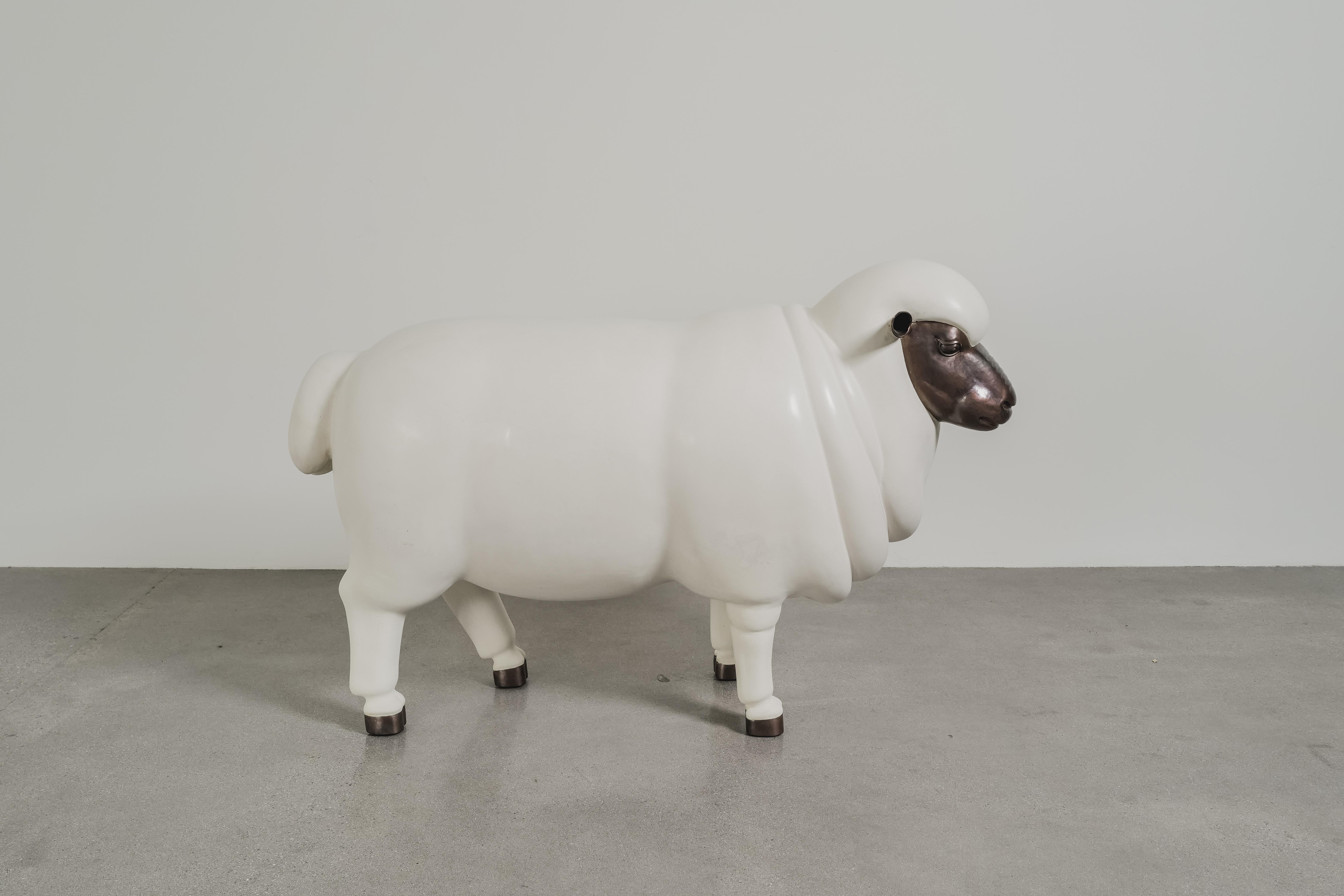 Contemporary Sheep Sculpture (Male) in Cream Lacquer and Copper by Robert Kuo For Sale 1