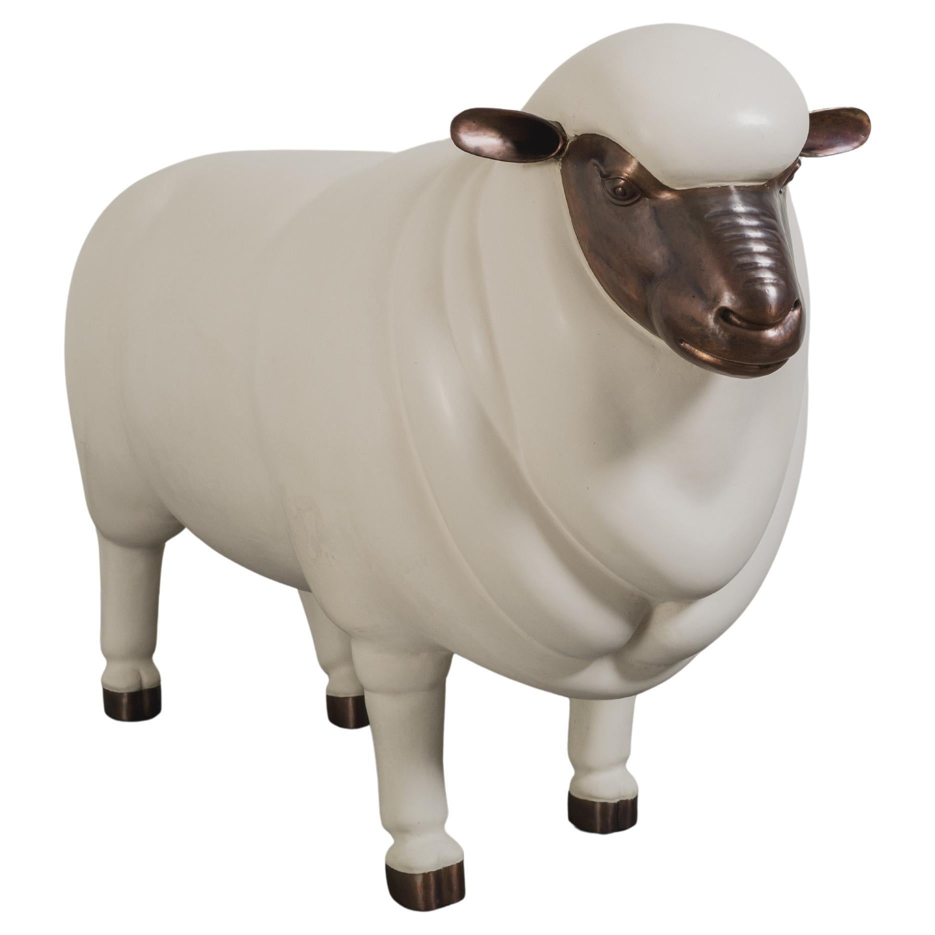 Contemporary Sheep Sculpture (Male) in Cream Lacquer and Copper by Robert Kuo