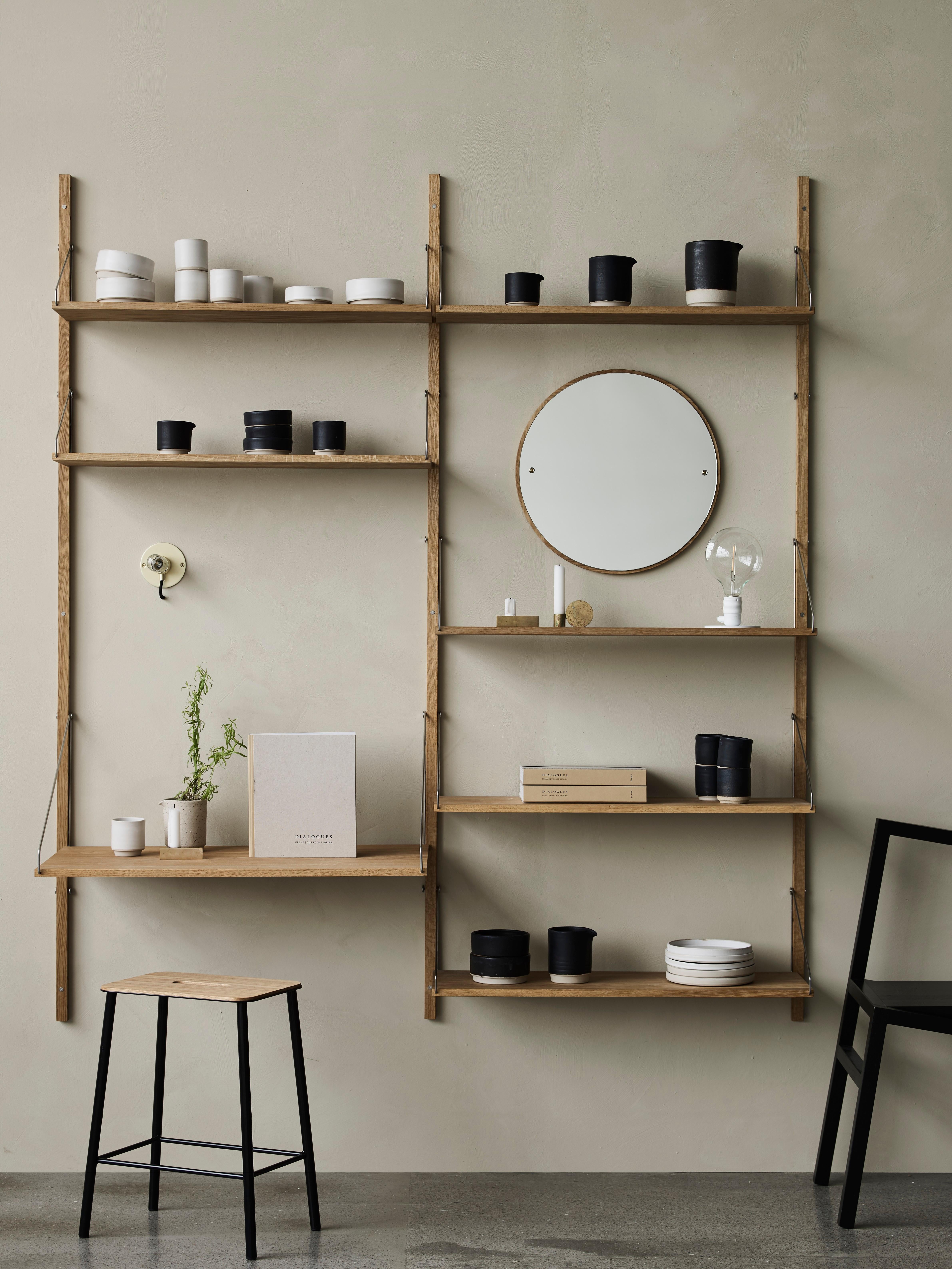 Shelf Library is a continuation of the recognised shelf design by Frama. Fastened with solid steel screws on oak rails, the shelves can easily be placed and re-styled in a variety of ways. The Desk Section can be used as a working spot, or as a