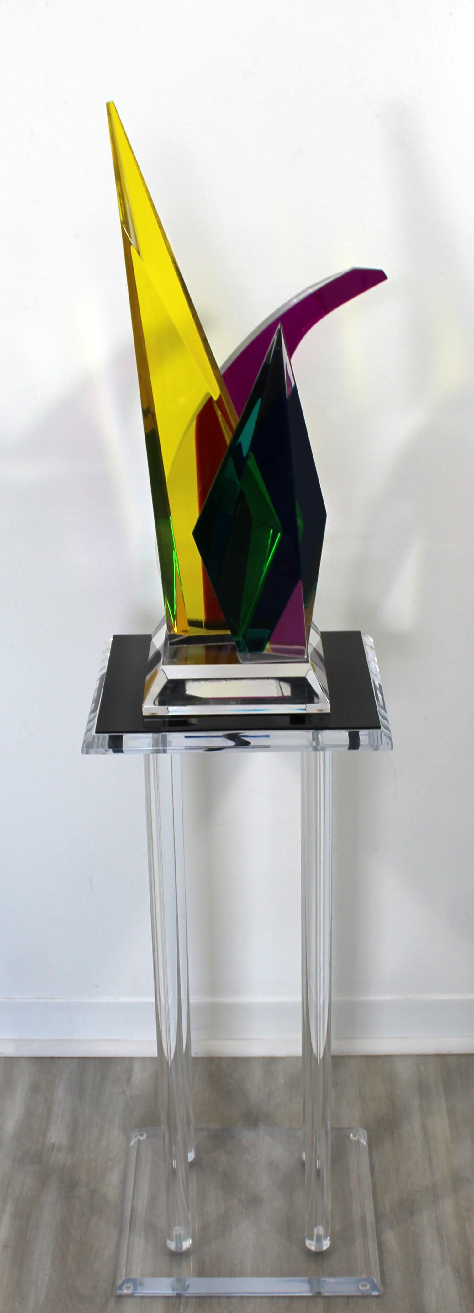 For your consideration is an incredible, three color, abstract lucite table sculpture and base, signed by Shlomi Haziza. In excellent condition. The dimensions of the base are 13