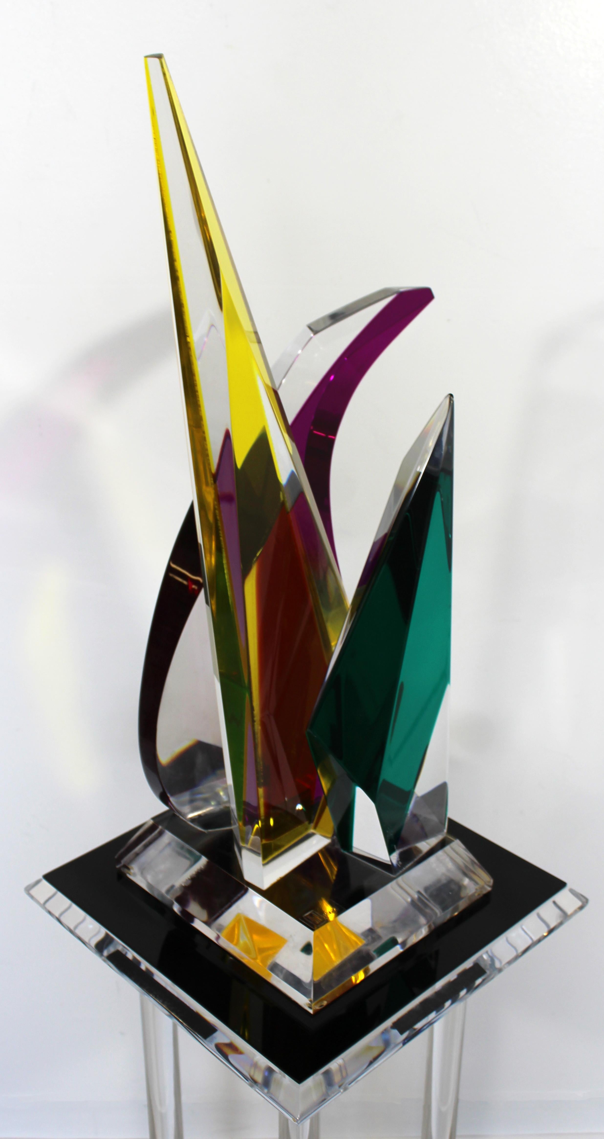 Modern Contemporary Shlomi Haziza Signed Abstract Colored Lucite Table Sculpture & Base
