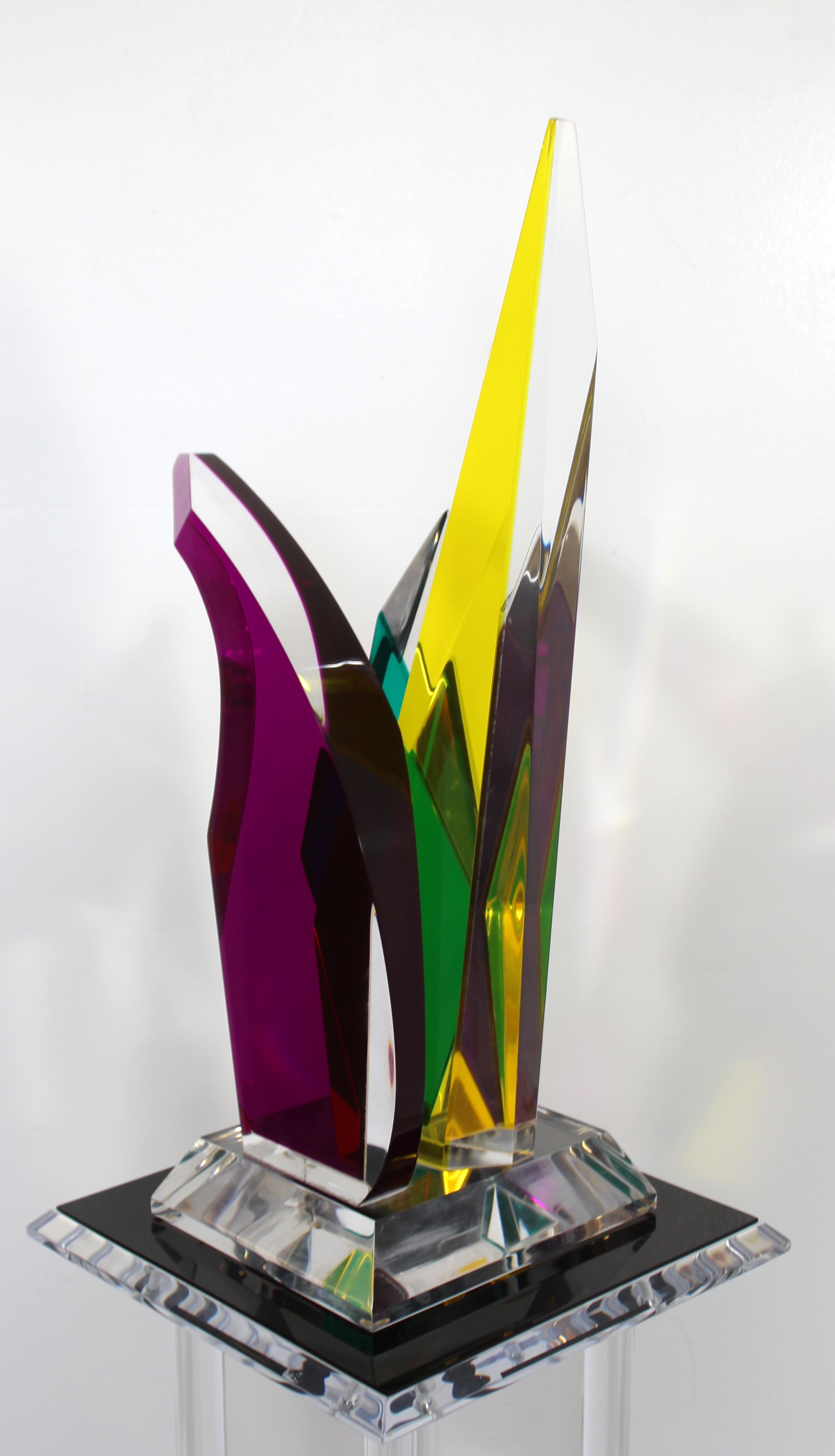 Late 20th Century Contemporary Shlomi Haziza Signed Abstract Colored Lucite Table Sculpture & Base