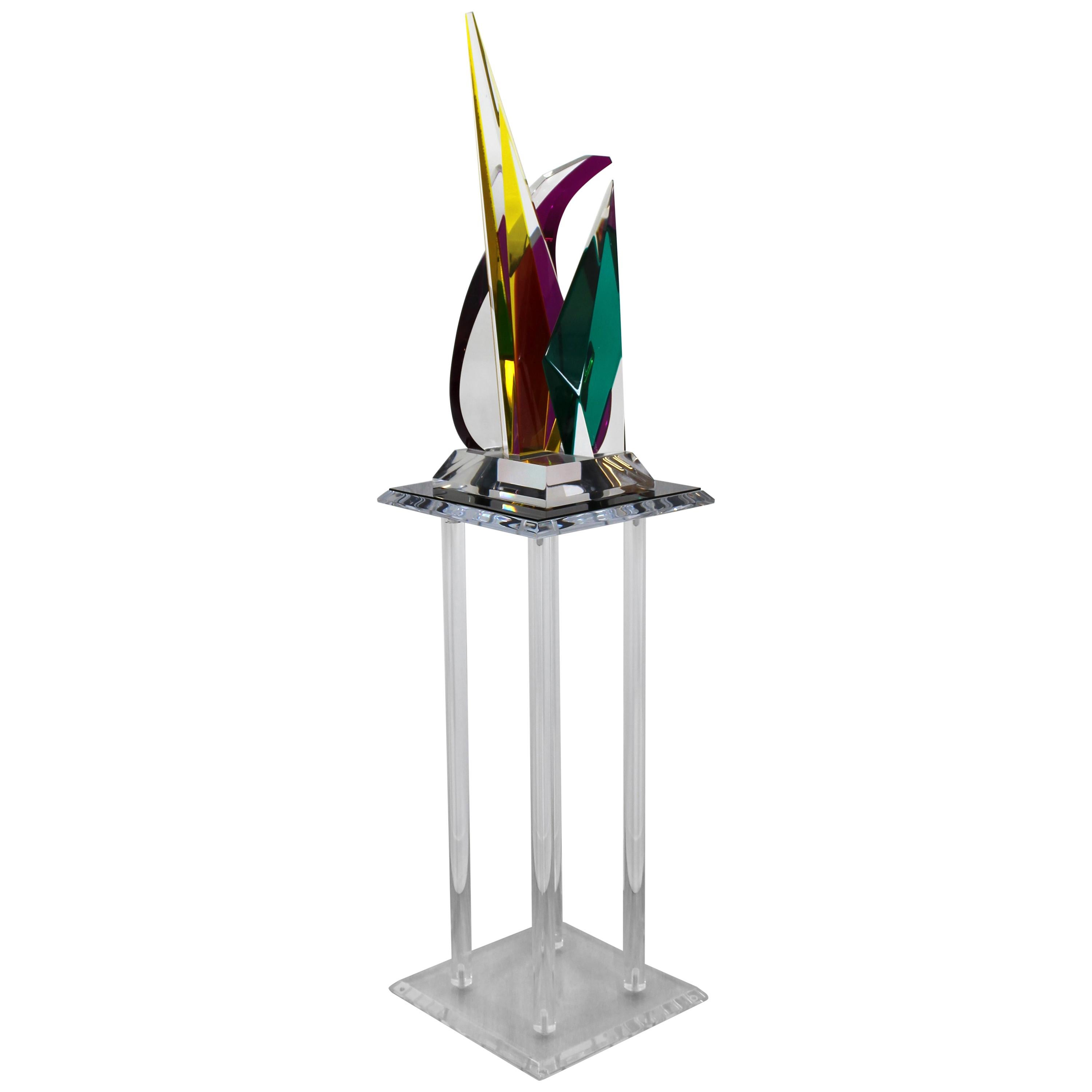 Contemporary Shlomi Haziza Signed Abstract Colored Lucite Table Sculpture & Base