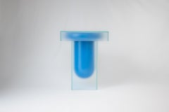 Contemporary Side Coffee Table in Frosted Glass and Blue