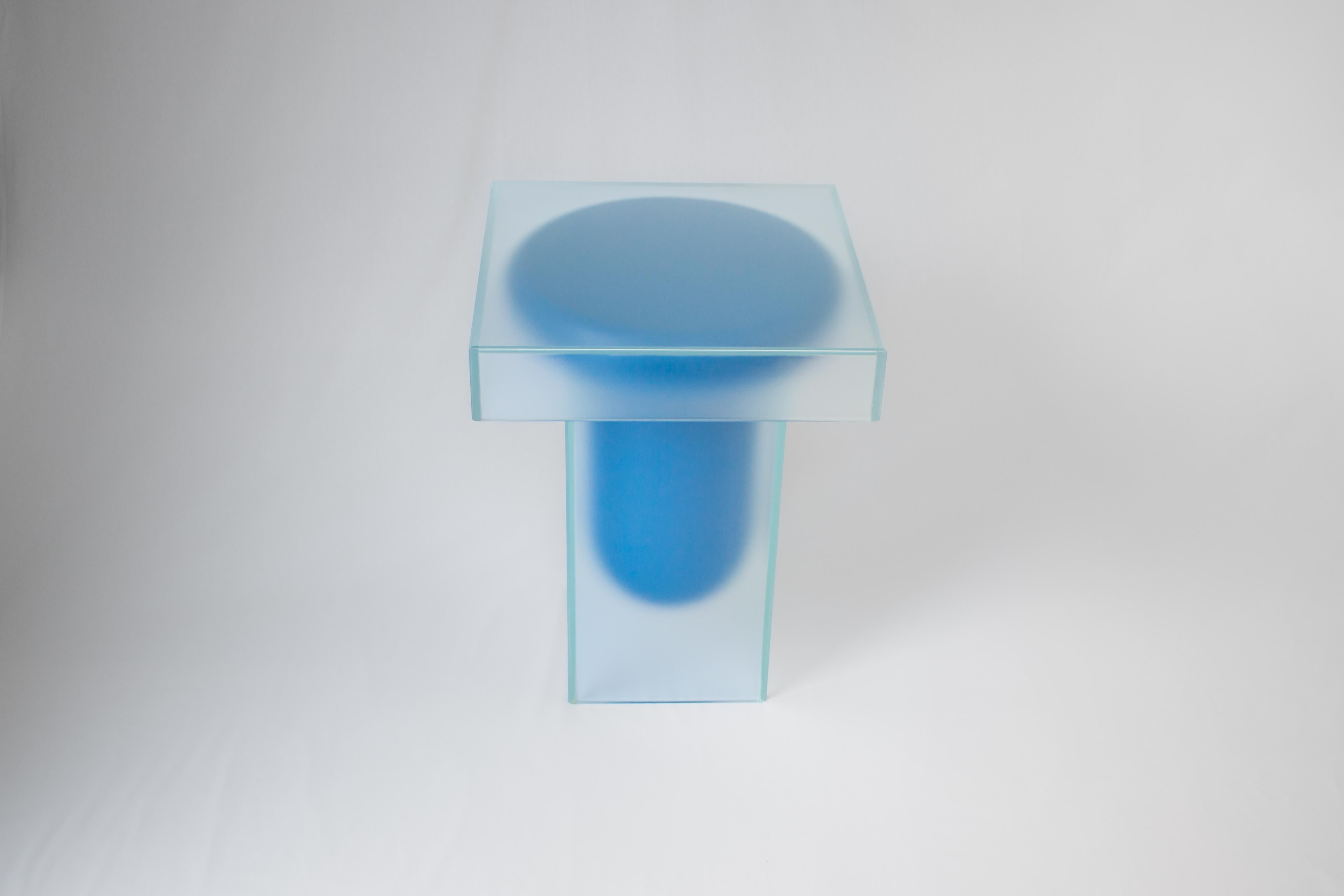 Modern Contemporary Side Coffee Table in Frosted Glass and Blue For Sale