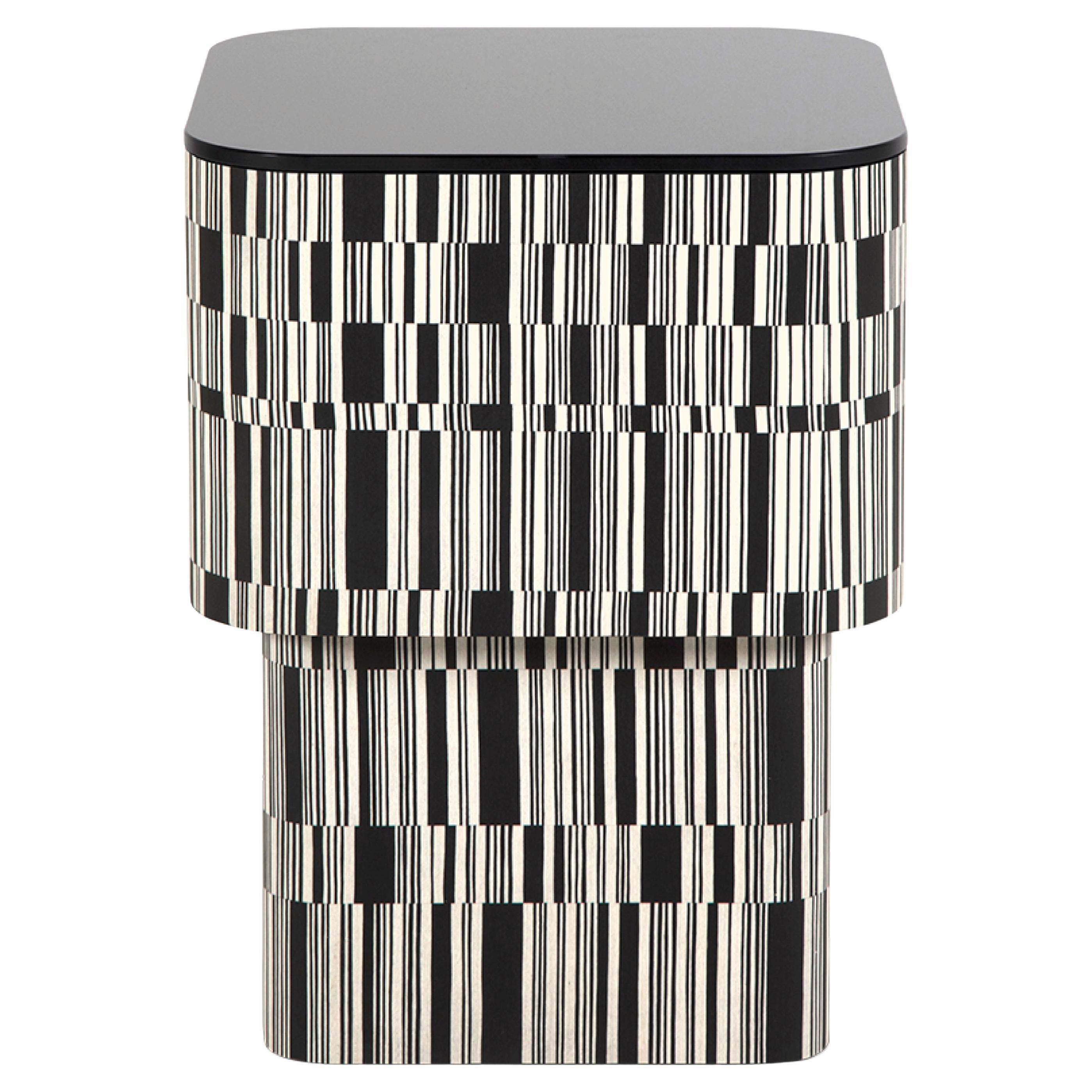 Contemporary Side Table by Hessentia, Black&White Inlaid Wood, black glass top For Sale