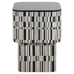 Contemporary Side Table by Hessentia, Black&White Inlaid Wood, black glass top