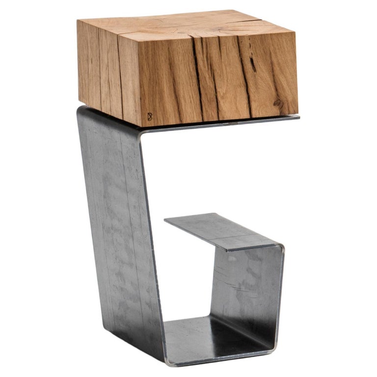 Contemporary Side Table by Tomasz Danielec, Raw Steel, Vintage Treated Oak For Sale