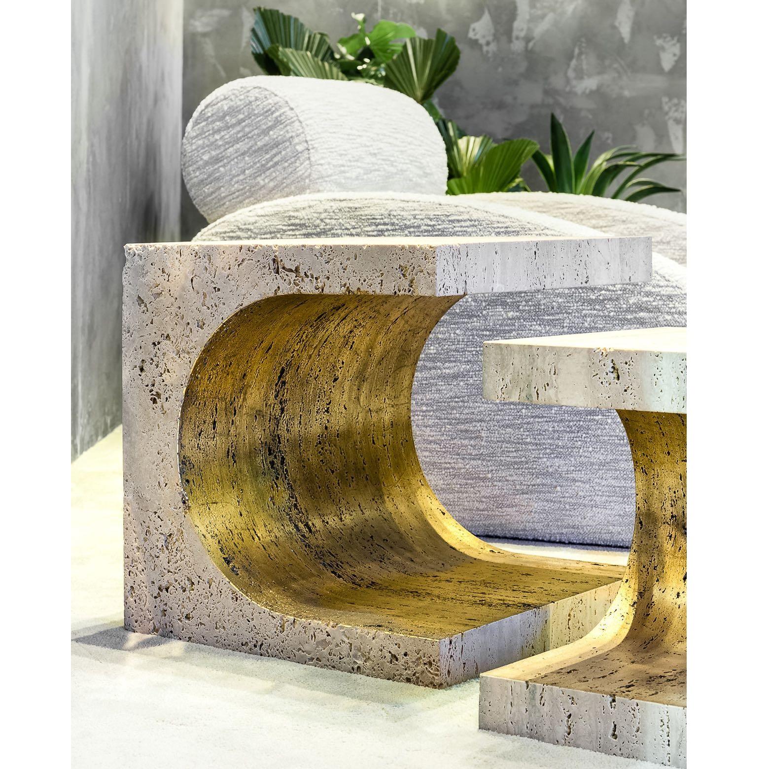 Contemporary Side Table Carved From Romano Travertine Block For Sale 1