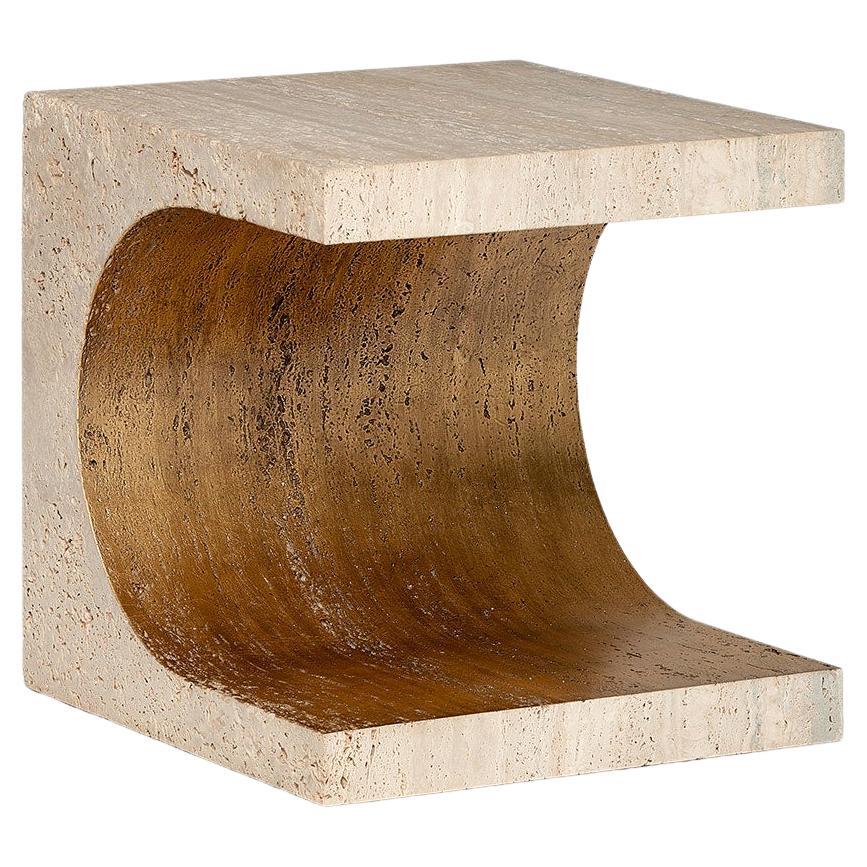 Contemporary Side Table Carved From Romano Travertine Block