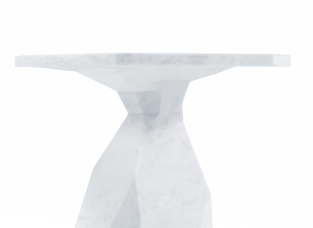 Hand-Crafted Contemporary Side Table Carved From Single Carrara Marble Block For Sale