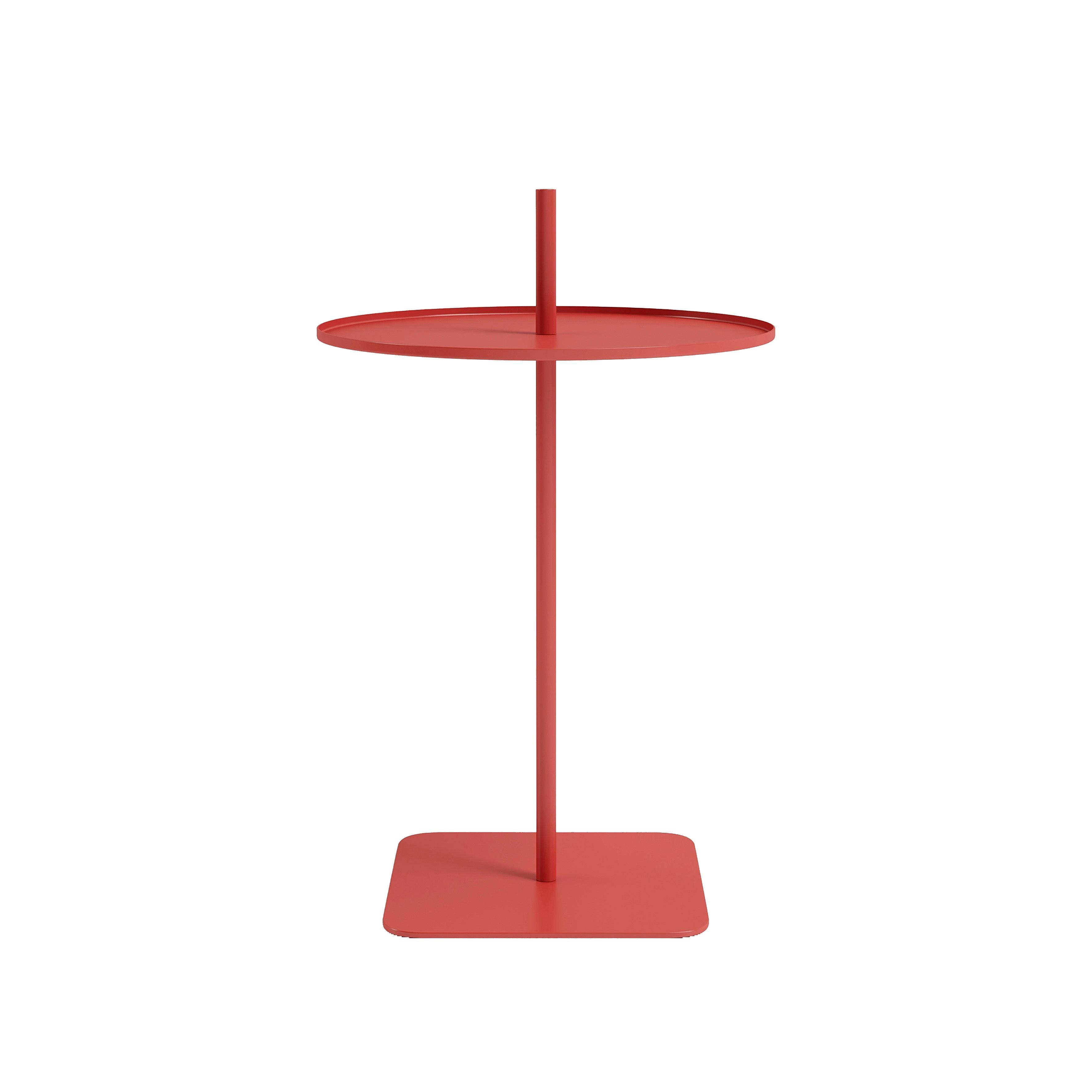 Contemporary Side Table 'Lily 01' (Red) by Oitoproducts 

The Lily 01 side table is a minimalist design inspired by the elements and joints of the MELT table. Its tabletop is mounted on a vertical axis, creating a spinning effect, while the extended
