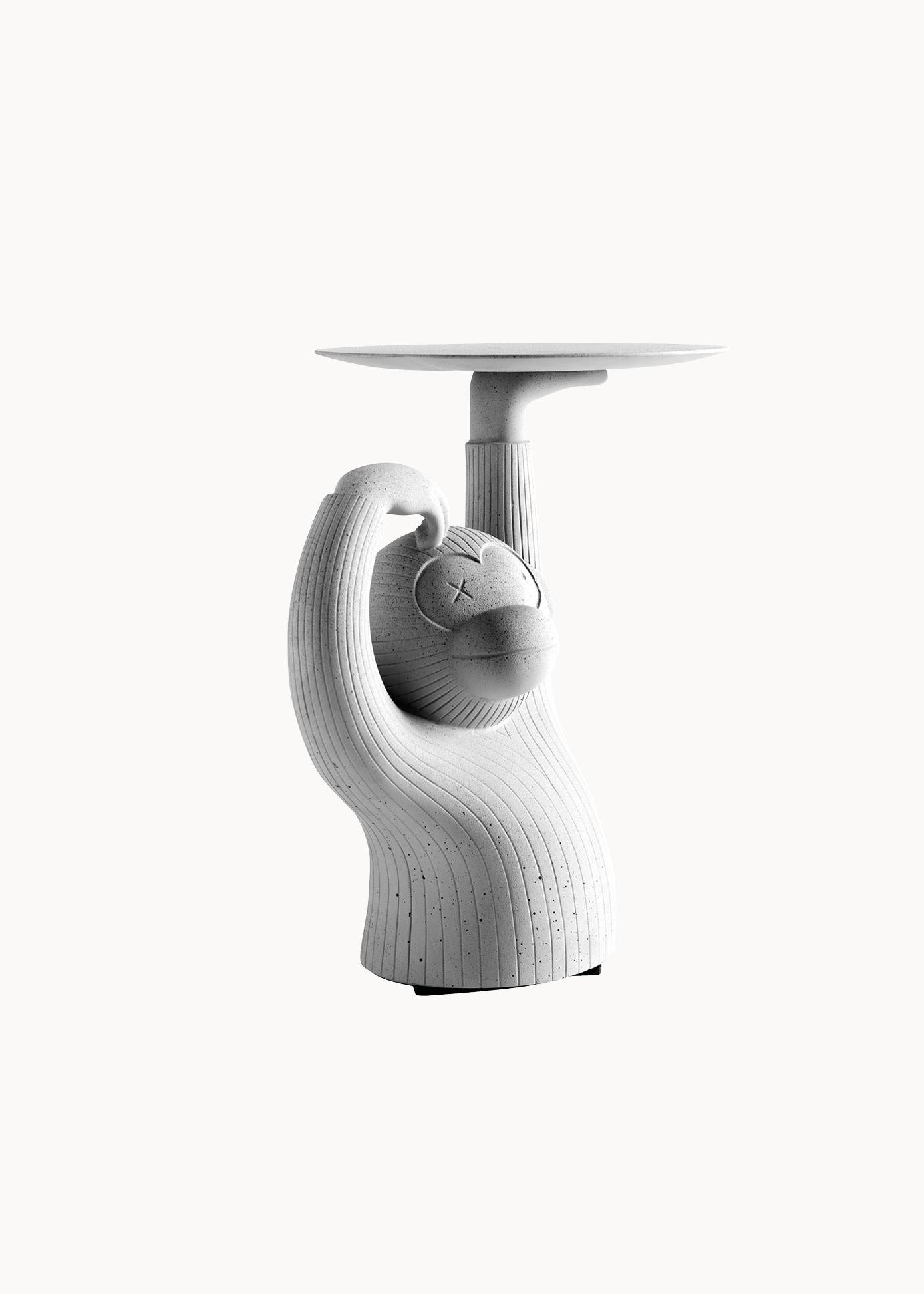 Side Table Monkey by Jaime Hayon 2015
Dimensions 
60 x 59 x h.40 cm
23,6 x 23,2 x 15,7 inch

The grey and white options are apt for indoor and outdoor use while the black finish is apt only for indoor use.
The maximum load of the table is 10