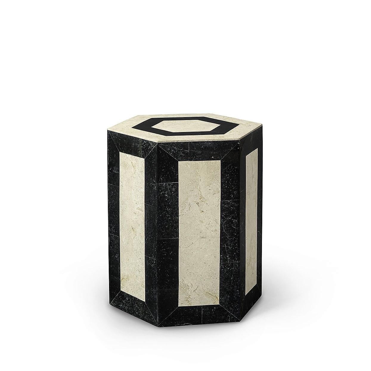 Modern Set of 2 Laser Cut Stone Geometric Side Tables in Black and Cream