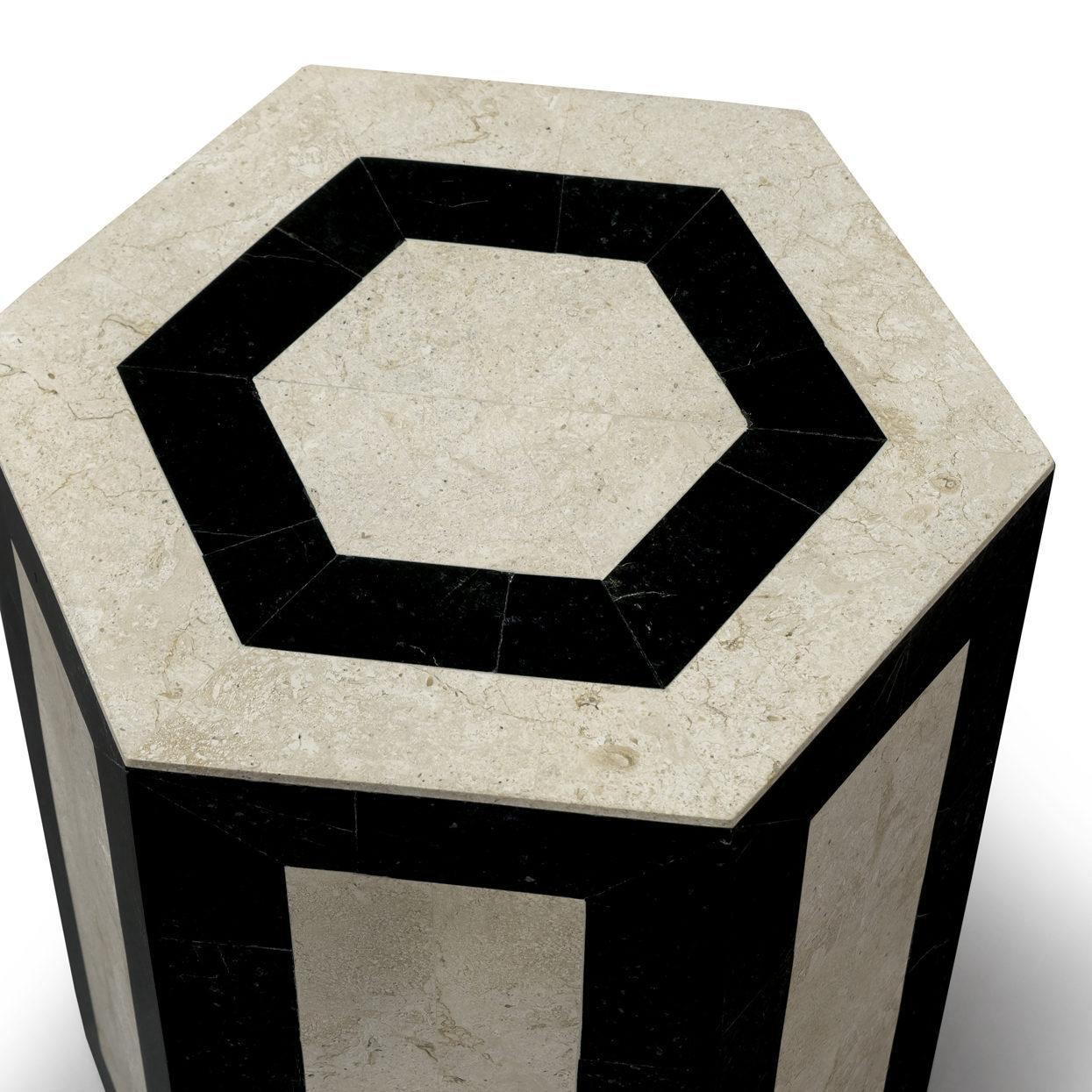 North American Set of 2 Laser Cut Stone Geometric Side Tables in Black and Cream