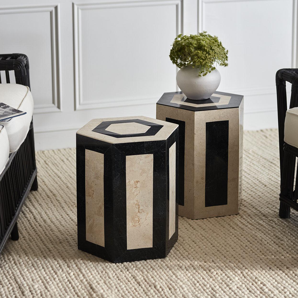 Set of 2 Laser Cut Stone Geometric Side Tables in Black and Cream In New Condition In New York, NY
