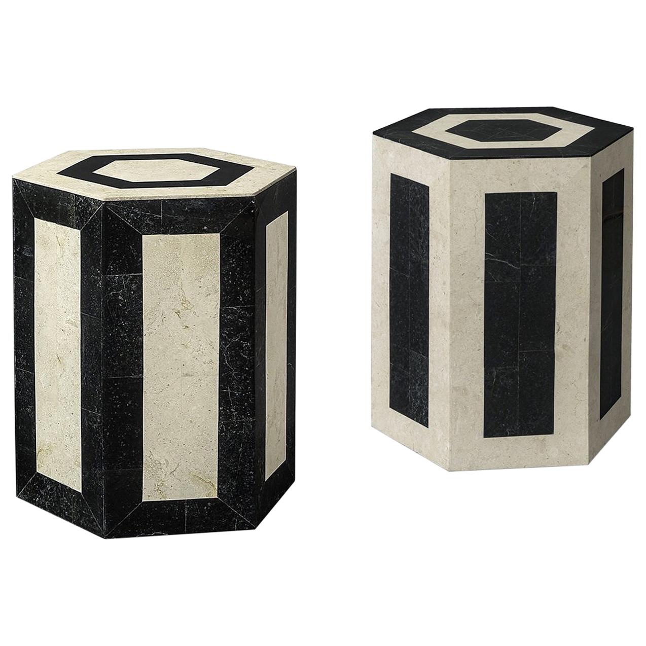 Set of 2 Laser Cut Stone Geometric Side Tables in Black and Cream