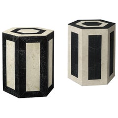 Set of 2 Laser Cut Stone Geometric Side Tables in Black and Cream