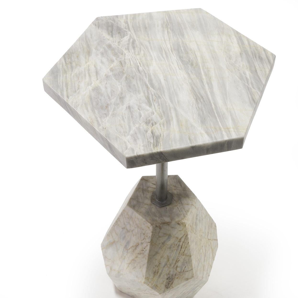 Modern Set of 2, Contemporary Geometric Marble Side Tables with Gold Finished Metal 