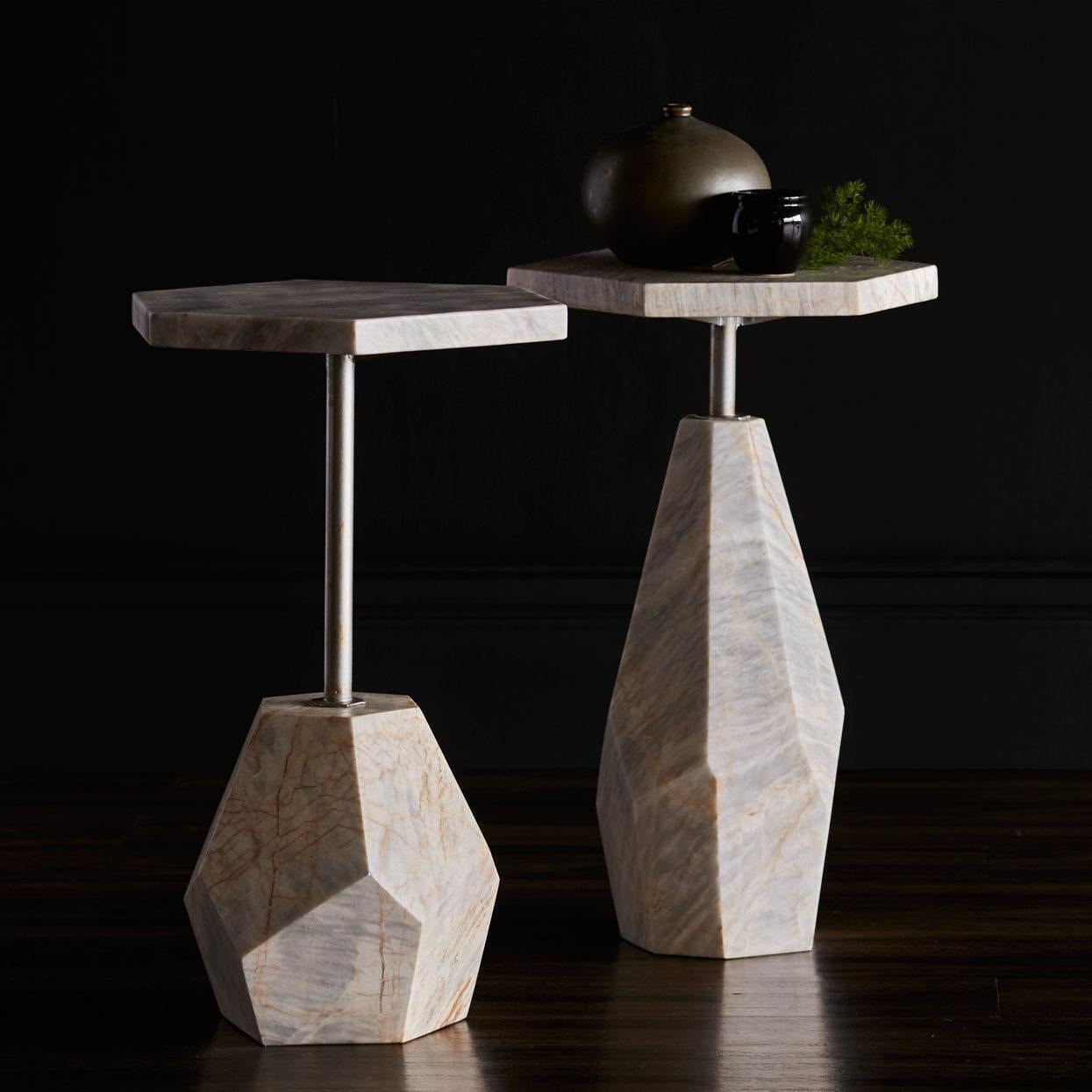 Set of 2, Contemporary Geometric Marble Side Tables with Gold Finished Metal  1