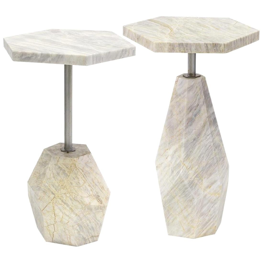 Set of 2, Contemporary Geometric Marble Side Tables with Gold Finished Metal 