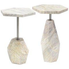 Set of 2, Contemporary Geometric Marble Side Tables with Gold Finished Metal
