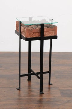 Contemporary Side Table with Antique Italian Red Brick Top and Custom Iron Base