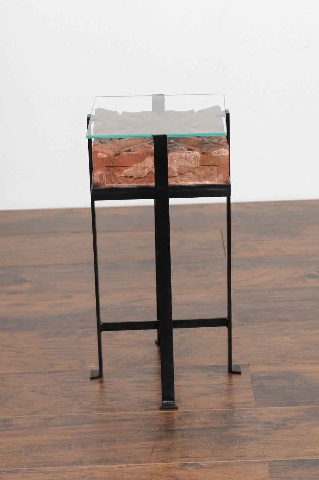 Contemporary Side Table with Antique Italian Red Brick Top and Custom Iron Base In Good Condition For Sale In Atlanta, GA