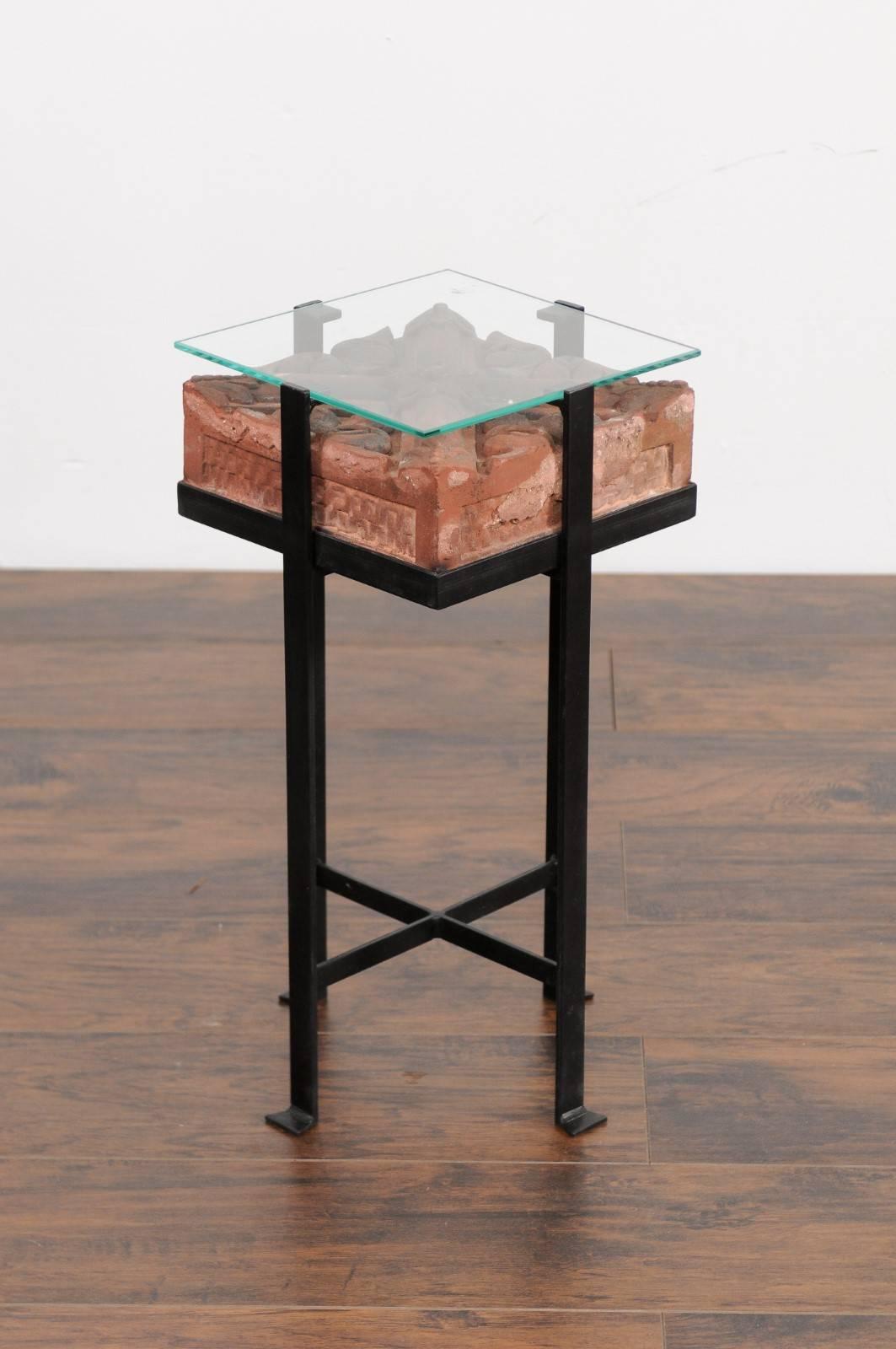 Glass Contemporary Side Table with Antique Italian Red Brick Top and Custom Iron Base For Sale