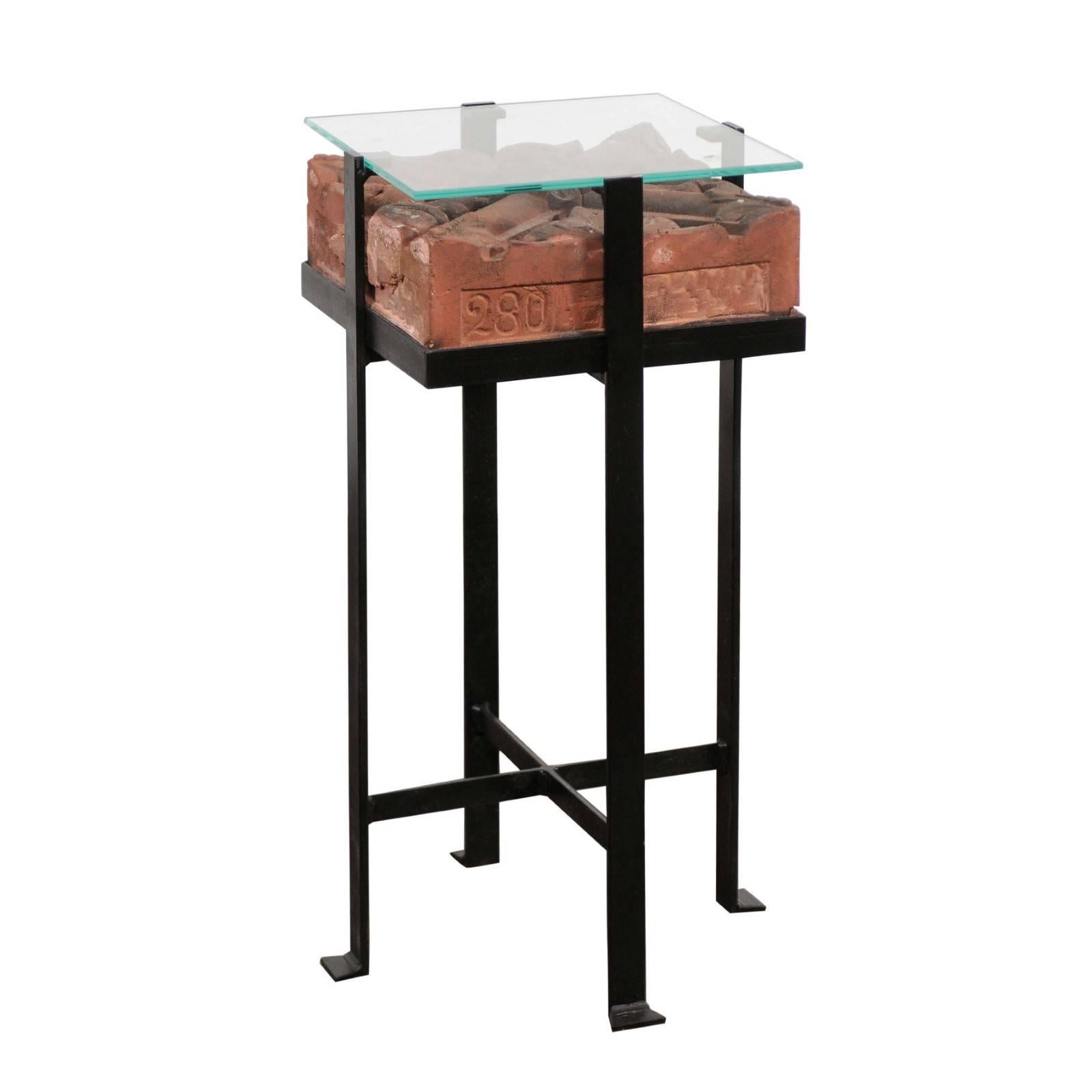 Contemporary Side Table with Antique Italian Red Brick Top and Custom Iron Base