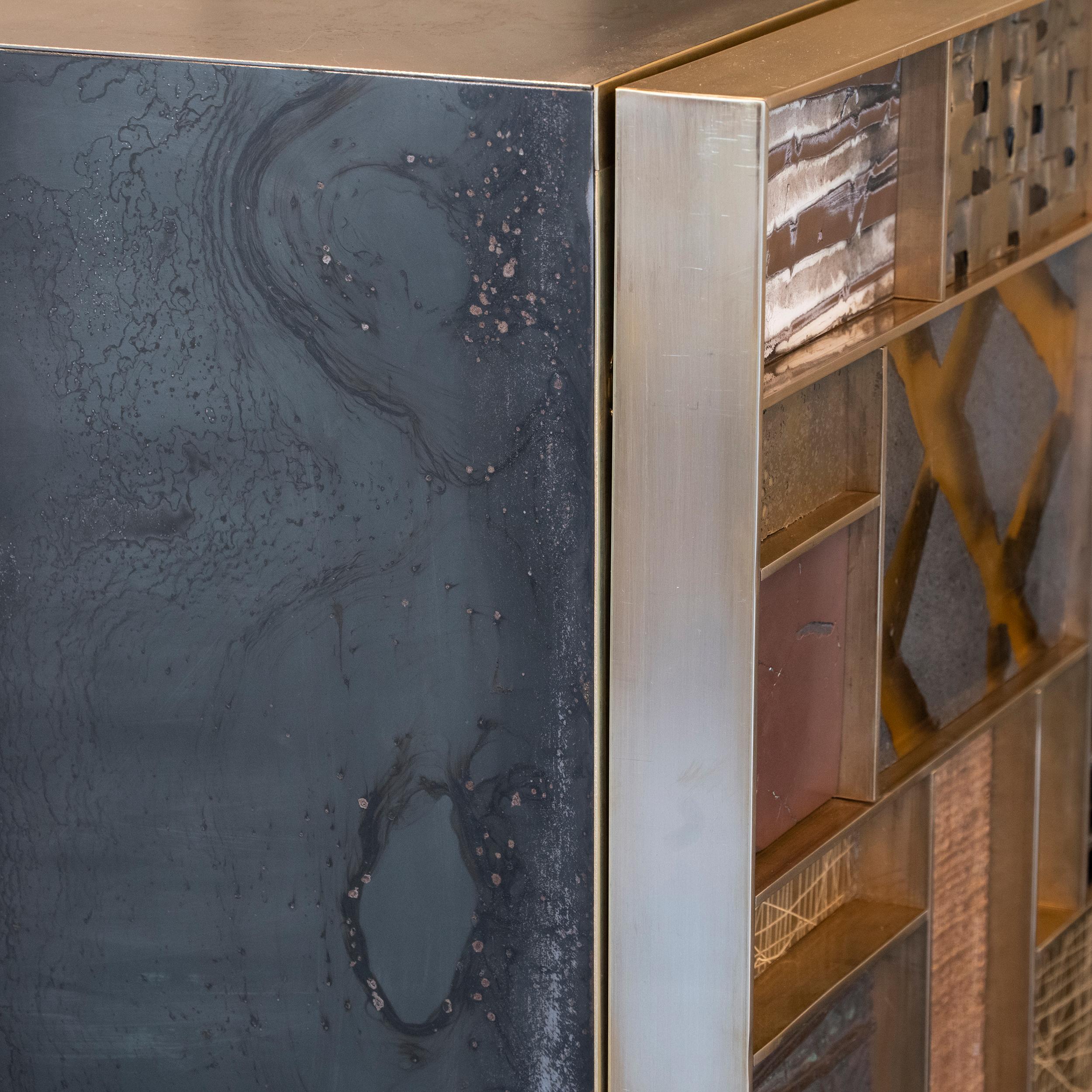 Contemporary Sideboard Brut Steel, and Mixed Media Patchwork Doors  For Sale 10