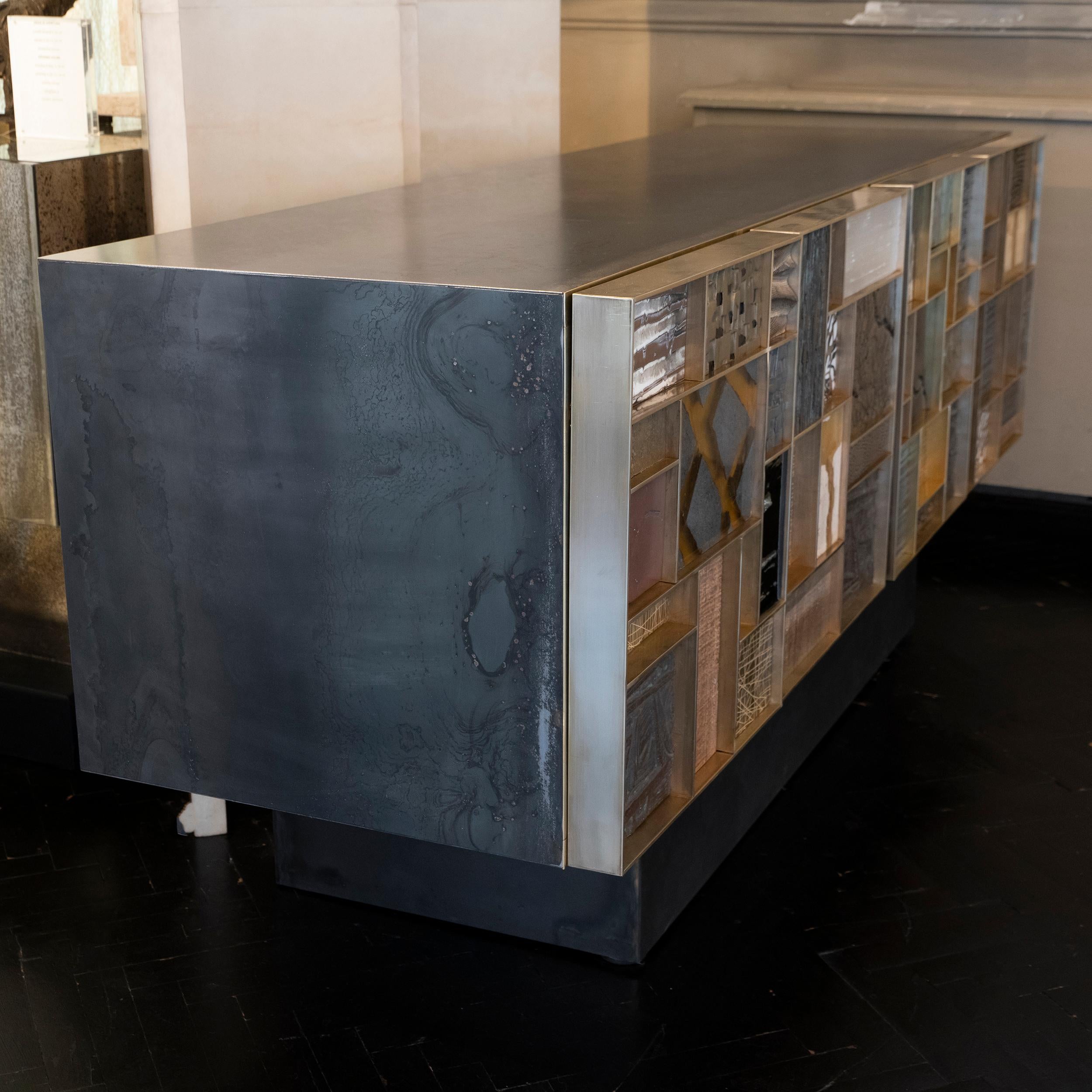 Contemporary Sideboard Brut Steel, and Mixed Media Patchwork Doors  For Sale 11