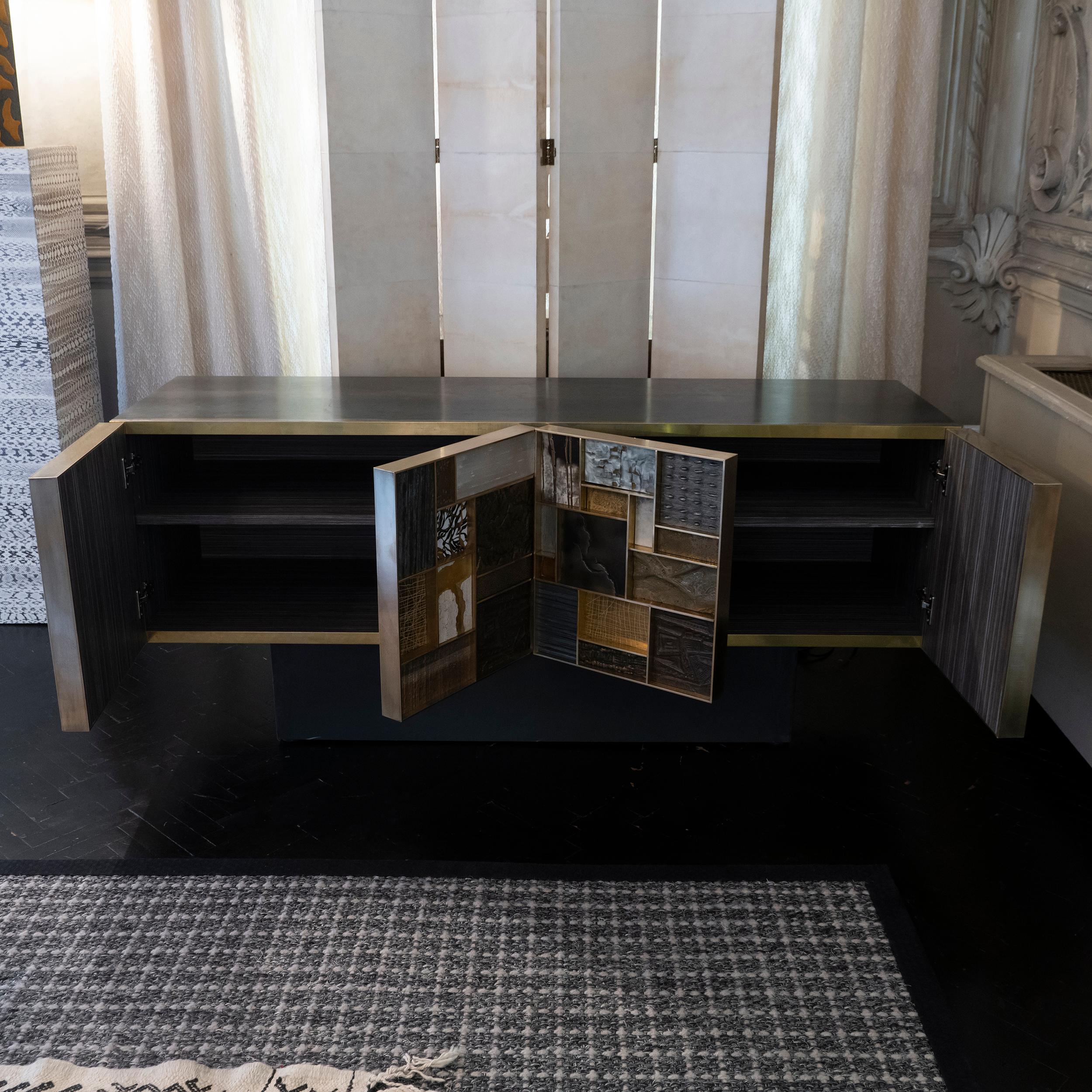 Italian Contemporary Sideboard Brut Steel, and Mixed Media Patchwork Doors  For Sale
