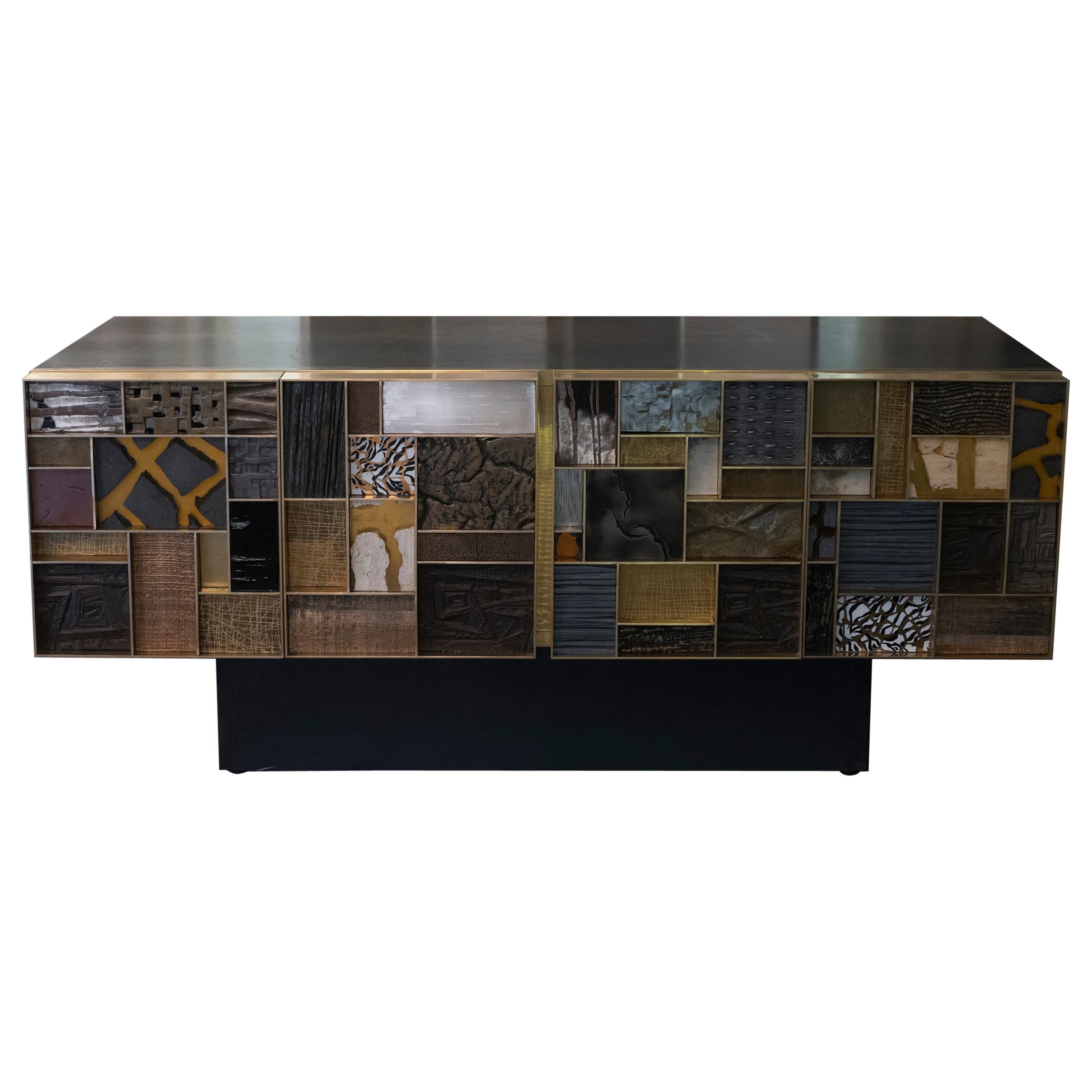 Contemporary Sideboard Brut Steel, and Mixed Media Patchwork Doors For Sale