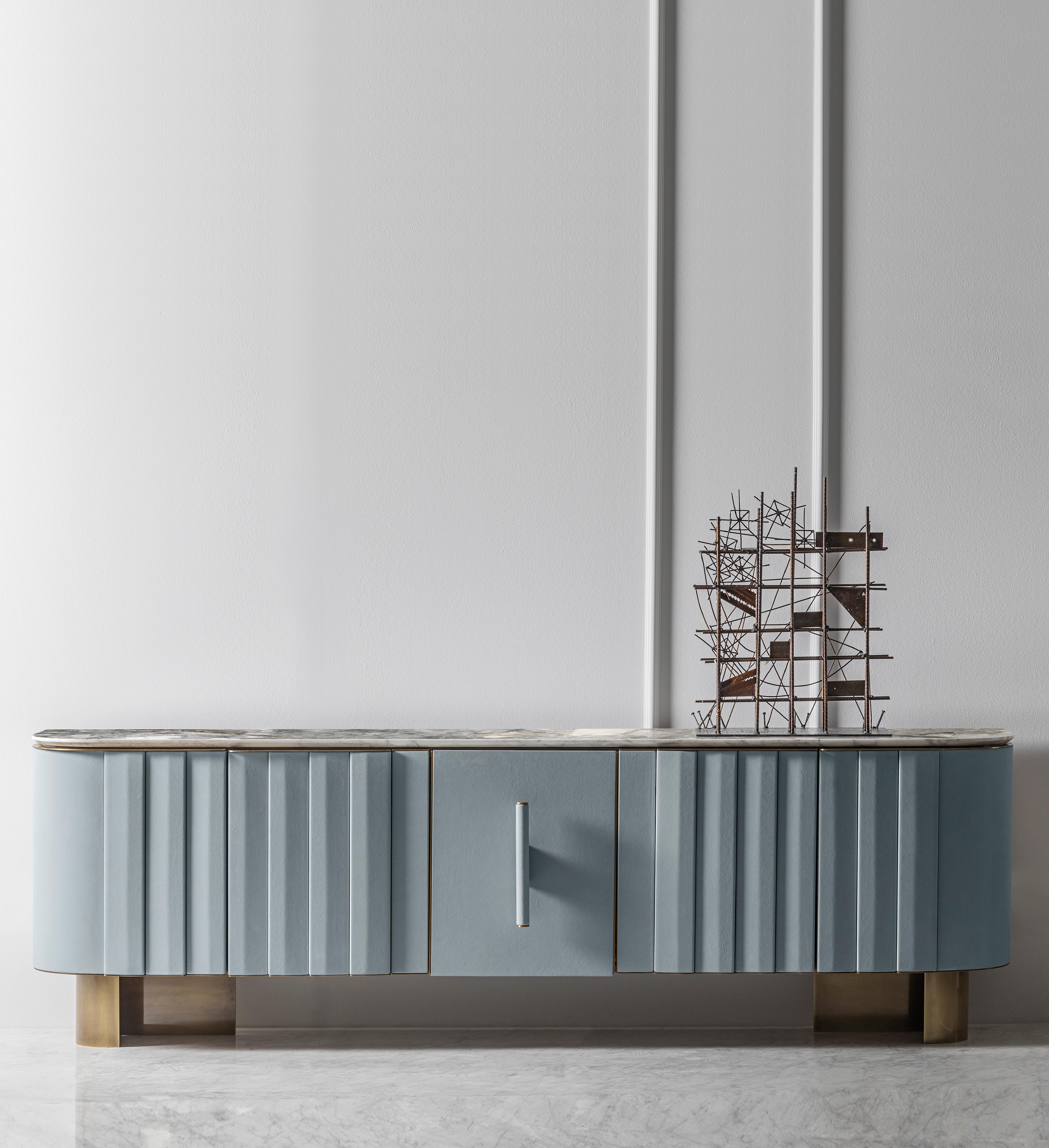 Italian Contemporary Sideboard by Hessentia in Light-Blue Leather with grey marble top For Sale