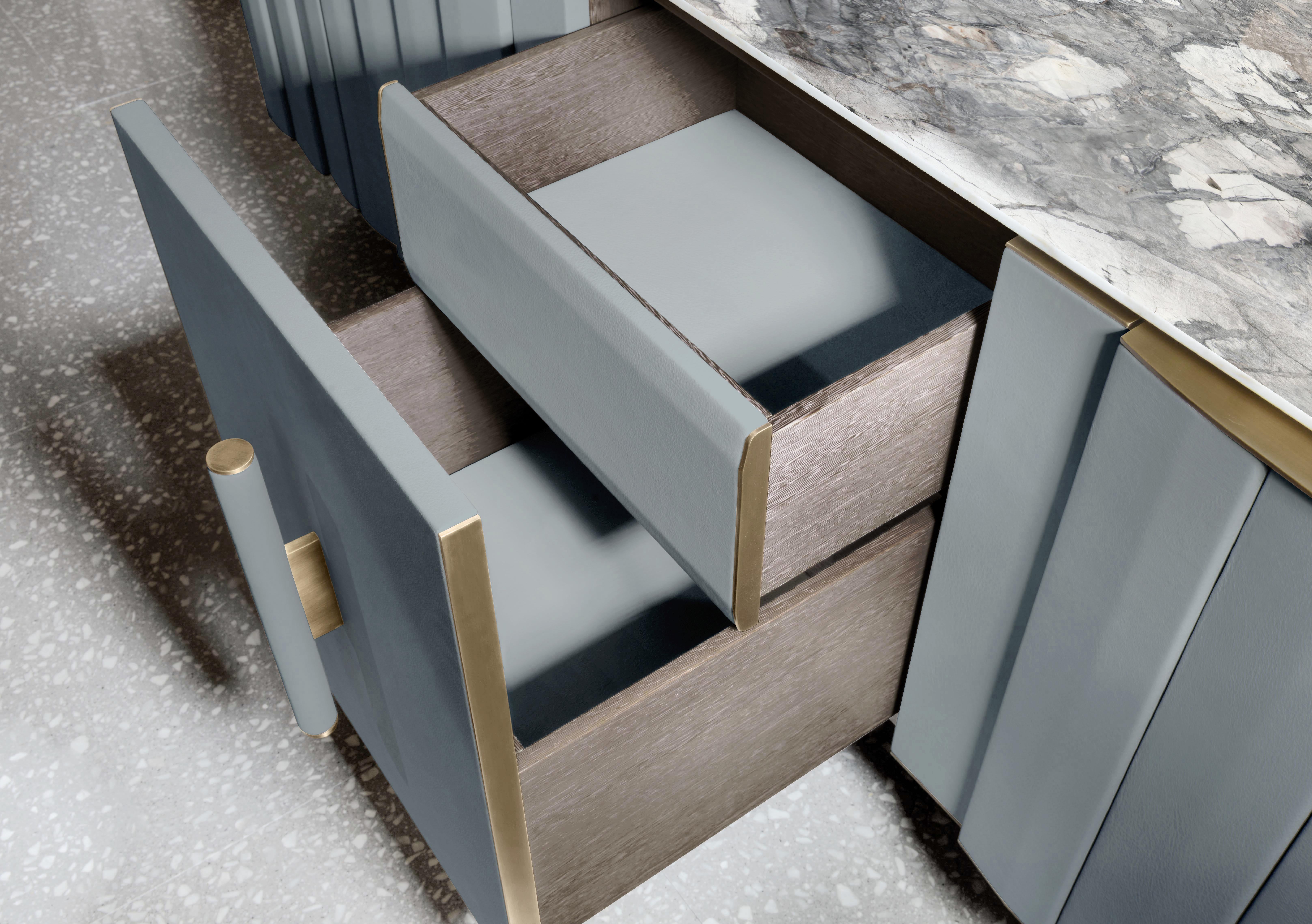 Hand-Crafted Contemporary Sideboard by Hessentia in Light-Blue Leather with grey marble top For Sale