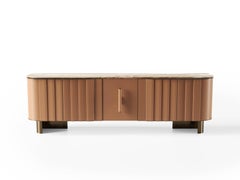 Contemporary Sideboard by Hessentia Ocra Leather with Travertino marble top