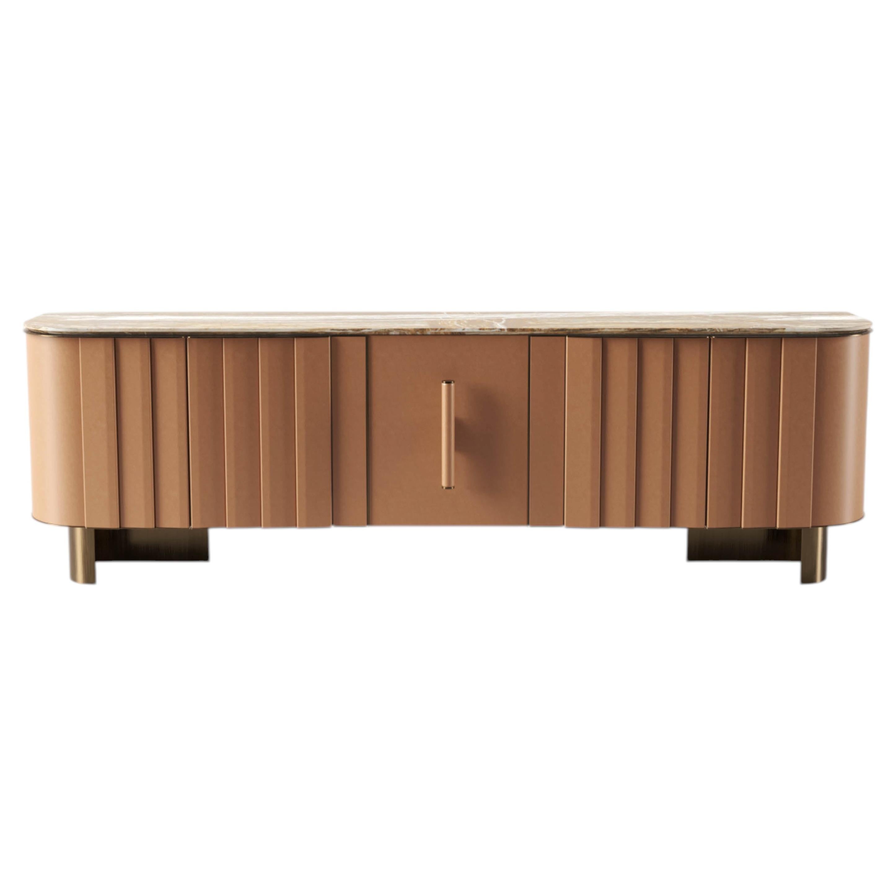 Contemporary Sideboard by Hessentia Ocra Leather with Travertino marble top
