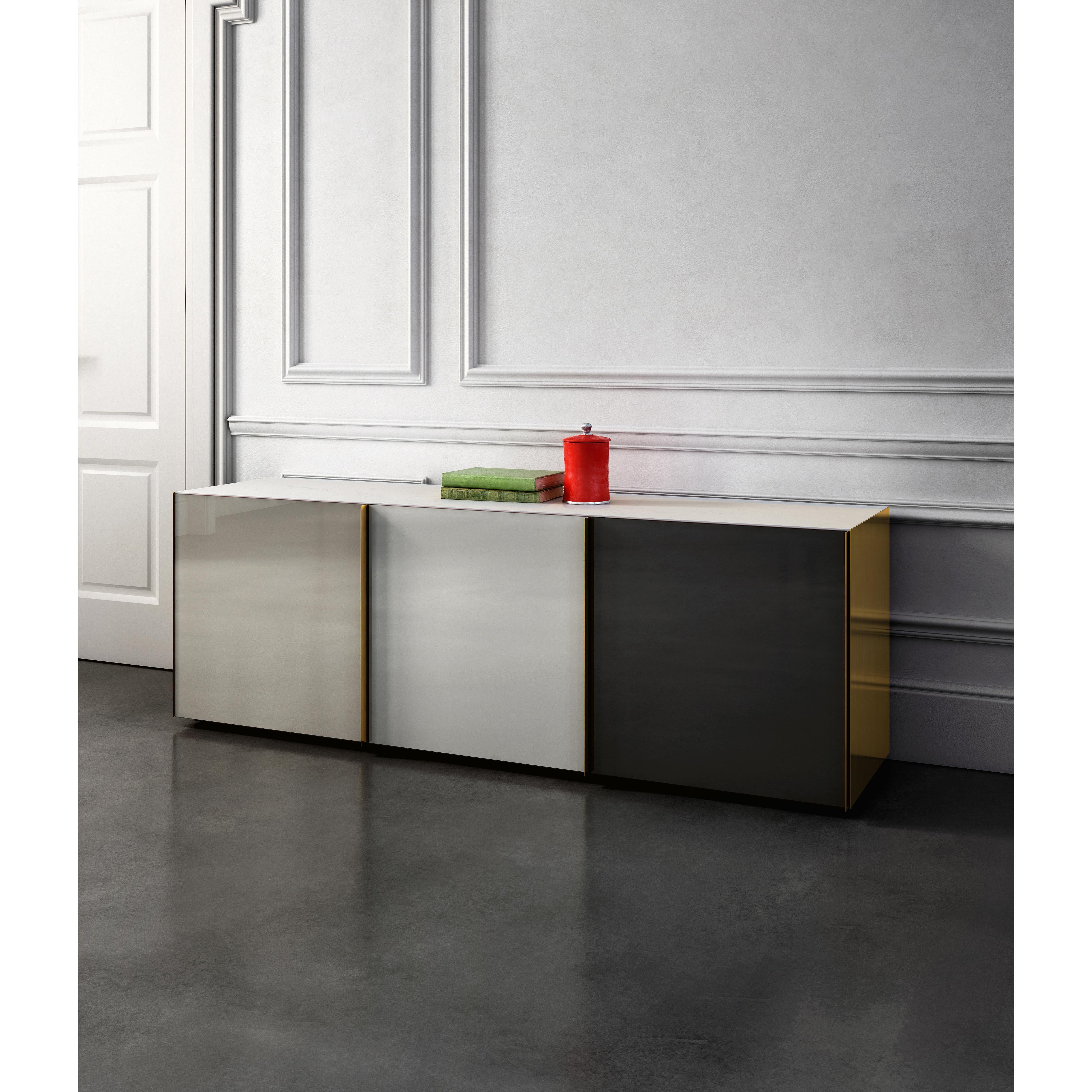 Modern Contemporary Sideboard Carrara Marble Top Storage Unit Brass Container For Sale