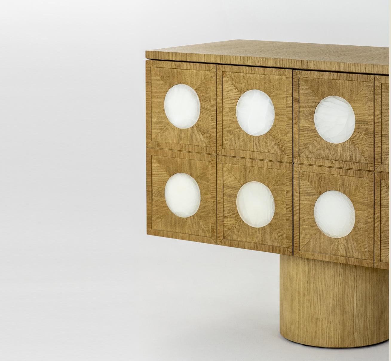 Contemporary Sideboard Crafted from Limed Oak with Selenite Inlay By JLC In New Condition For Sale In NEW YORK, NY