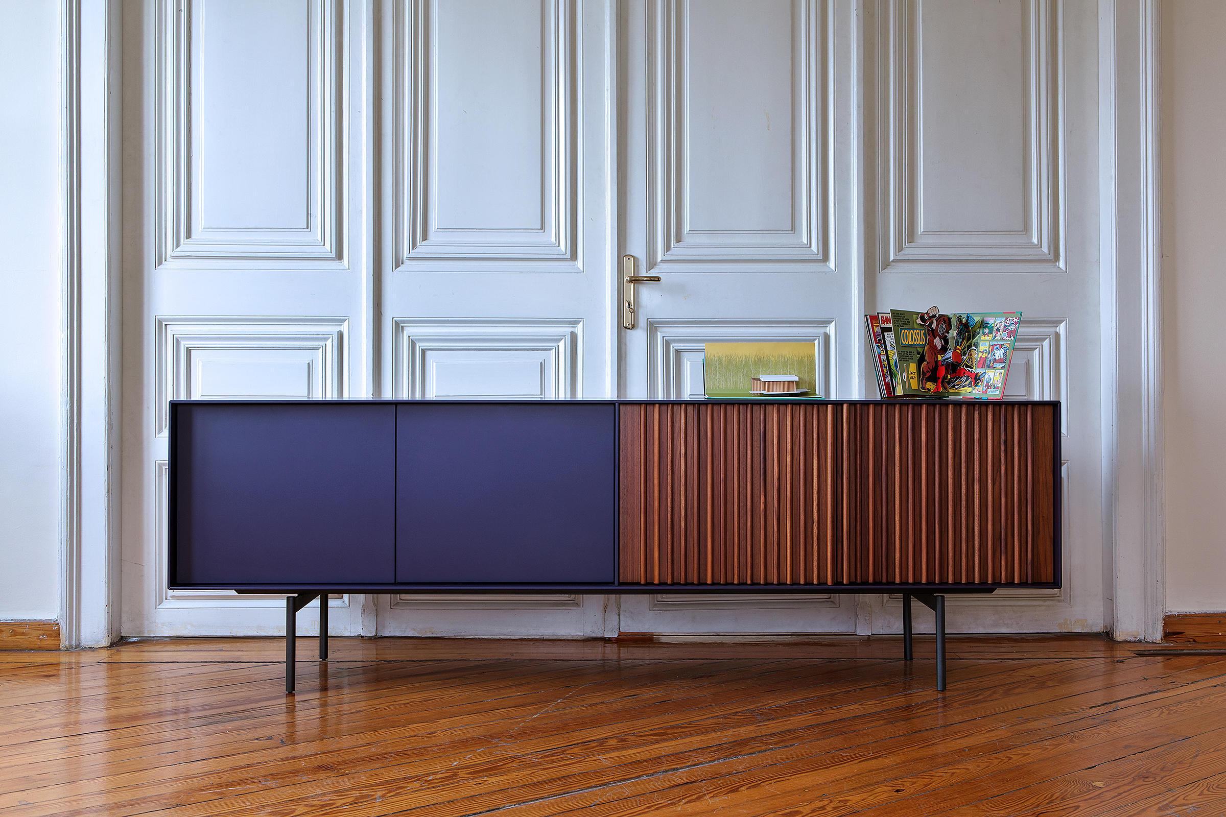 Handcrafted sideboard in various sizes, with two push-pull doors in purple lacquer and two doors with vertical American walnut bars. Inside shelf. 
Metal base lacquered in black.
Available in variety of wood and lacquer finishes upon request.
Please