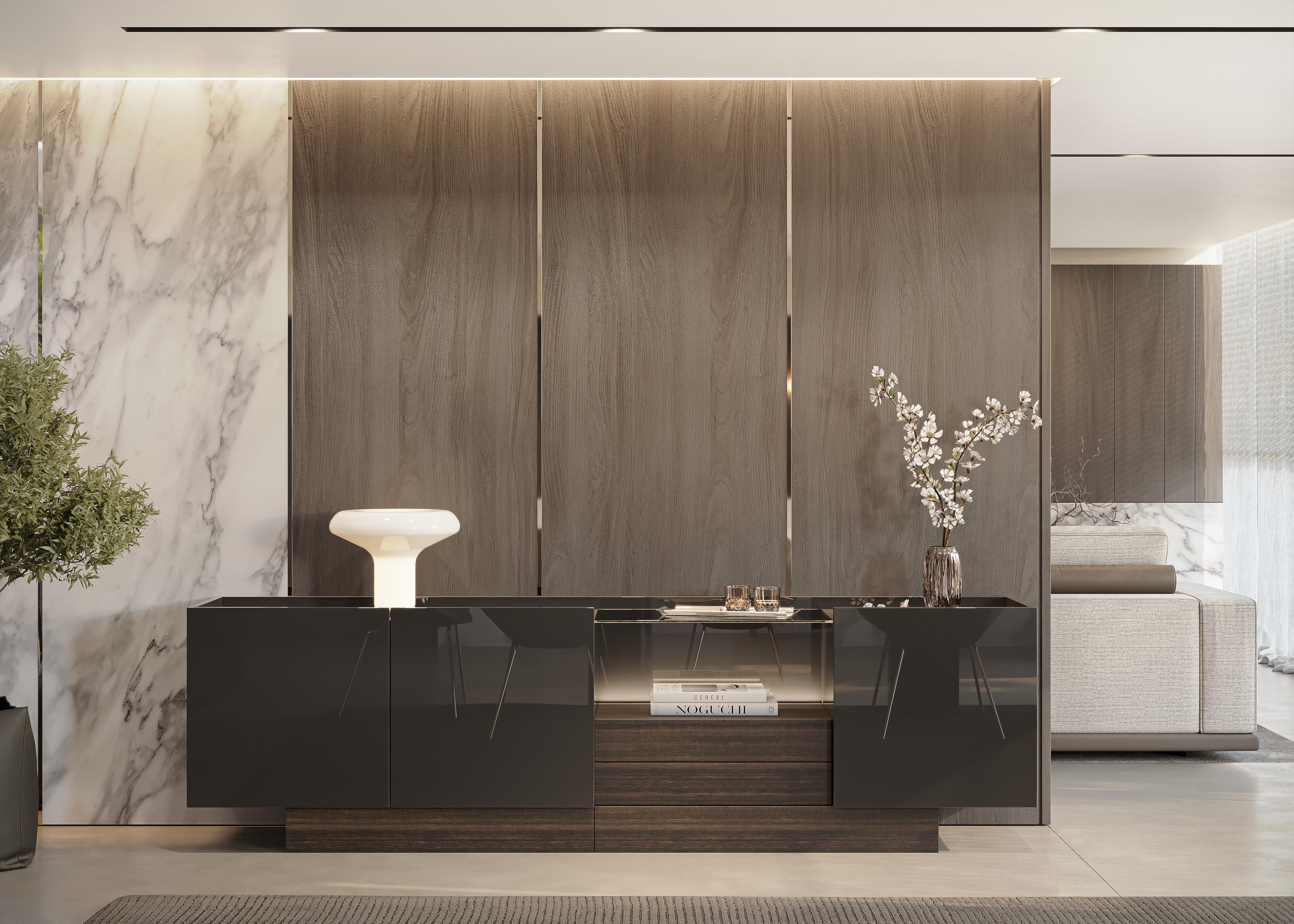Buffet contemporain en laque anthracite brillante et noyer mat en vente 3