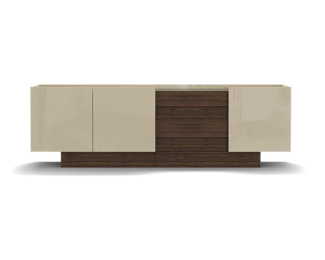 Minimaliste Buffet contemporain en laque anthracite brillante et noyer mat en vente