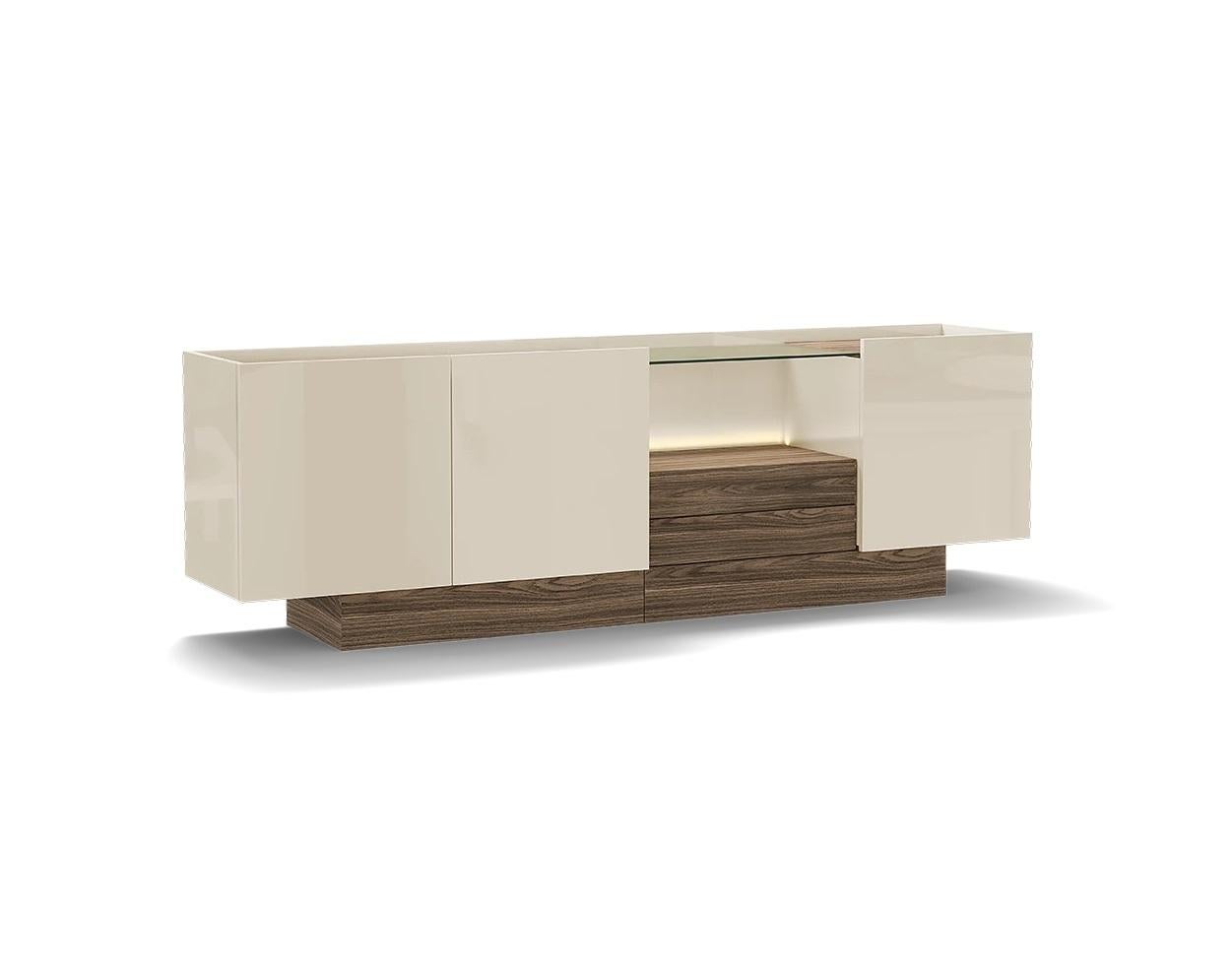 Buffet contemporain en laque anthracite brillante et noyer mat Neuf - En vente à NEW YORK, NY