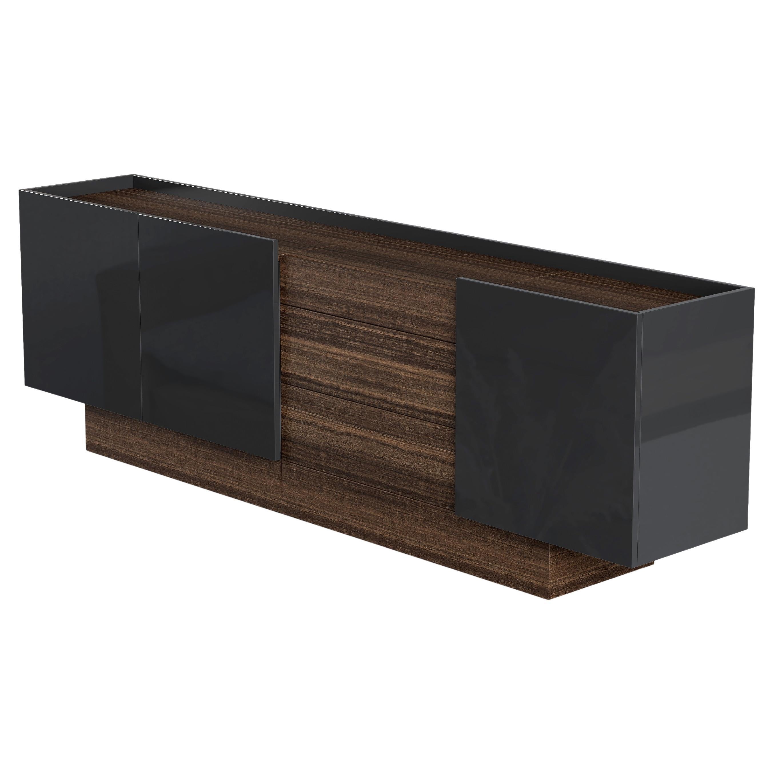 Buffet contemporain en laque anthracite brillante et noyer mat en vente