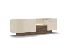 Contemporary Sideboard in High-Gloss Soft Cream Lacquer and Matte Walnut Finish