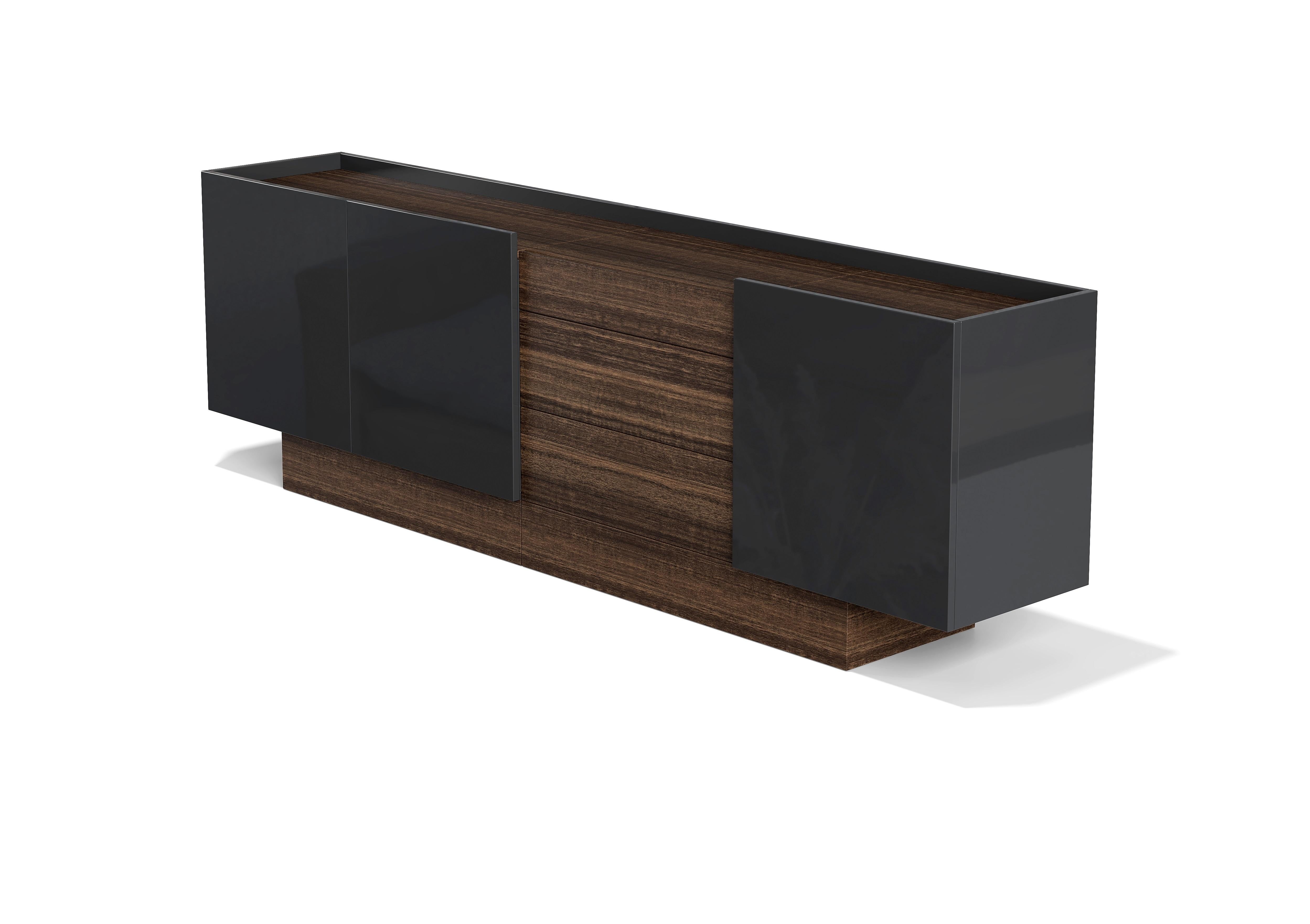 Minimalist Contemporary Sideboard in High-Gloss Soft Cream Lacquer and Matte Walnut Finish For Sale
