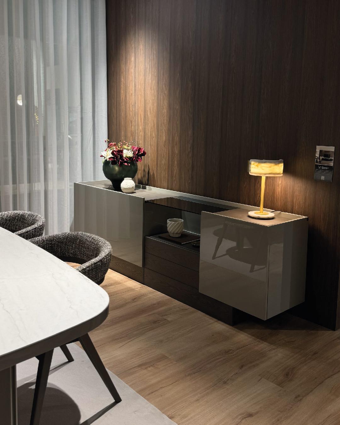Hand-Crafted Contemporary Sideboard in High-Gloss Soft Cream Lacquer and Matte Walnut Finish For Sale